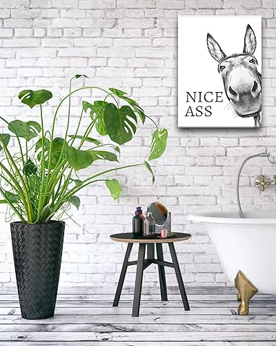 Miniatura 3 de UPWOIGH Divertida decoración artística de pared de baño, arte de pared de burro blanco y negro, lienzo enmarcado de madera impermeable, impresiones