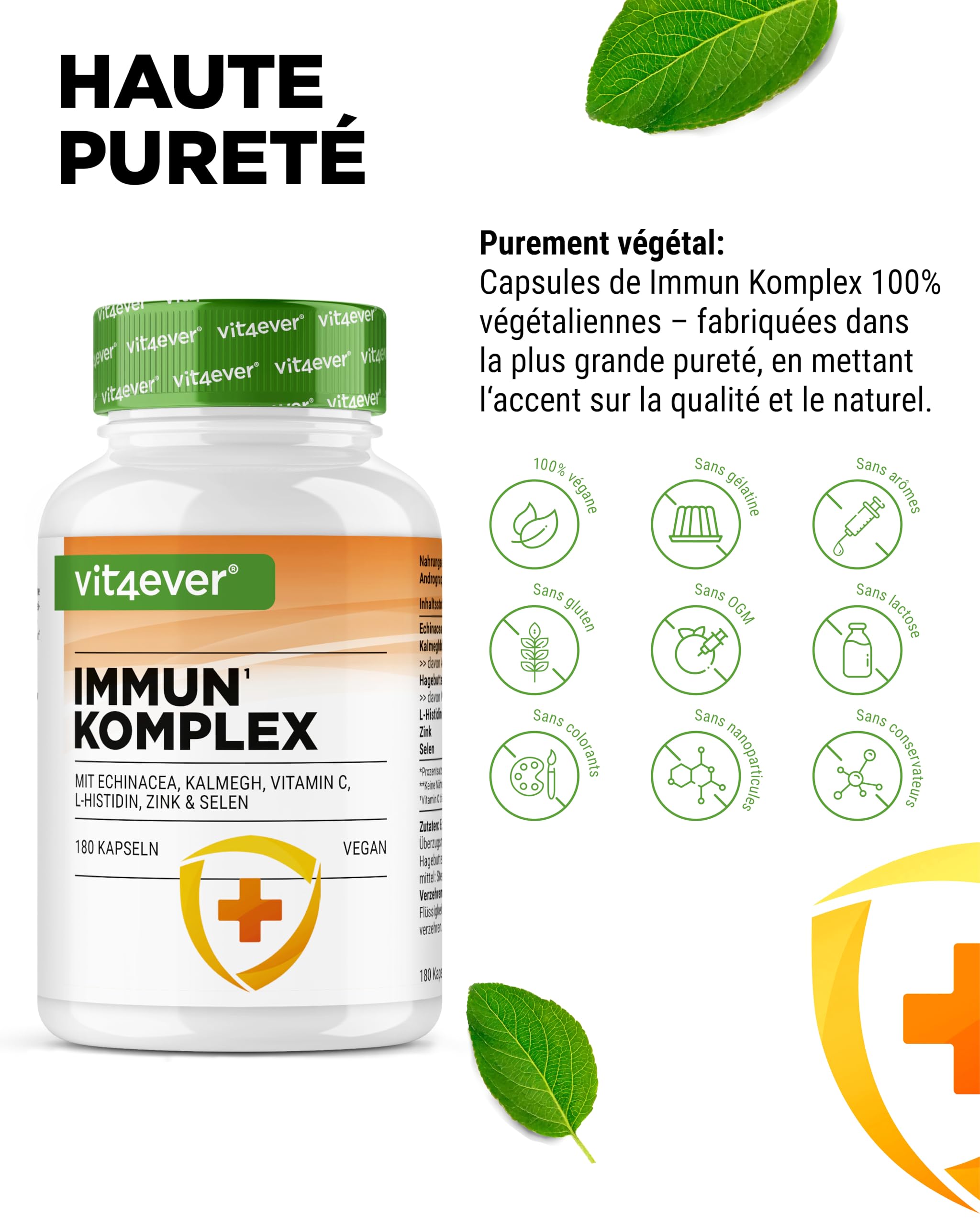 Complexe Immunitaire à Forte Dose - 180 gélules pour 90 jours - 500 mg d'Échinacée, de Kalmegh, d'Églantier, de Vitamine C, de L-Histidine, de Zinc et de Sélénium - Vegan, sans additifs inutiles