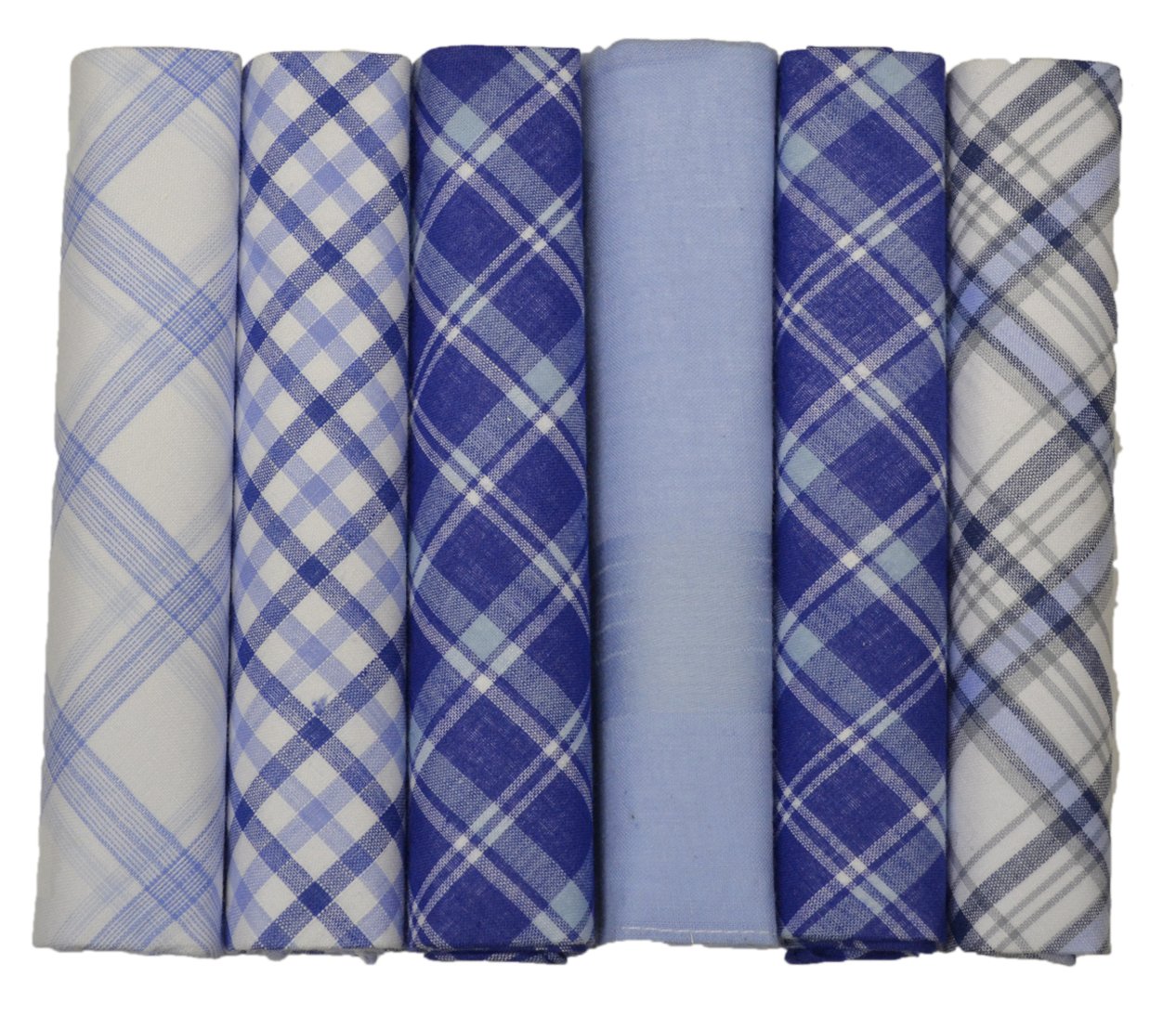 6 Pack Mens Boxed 100% Cotton Checked Handerkerchiefs, Blue and White, 40 x 40cm approx