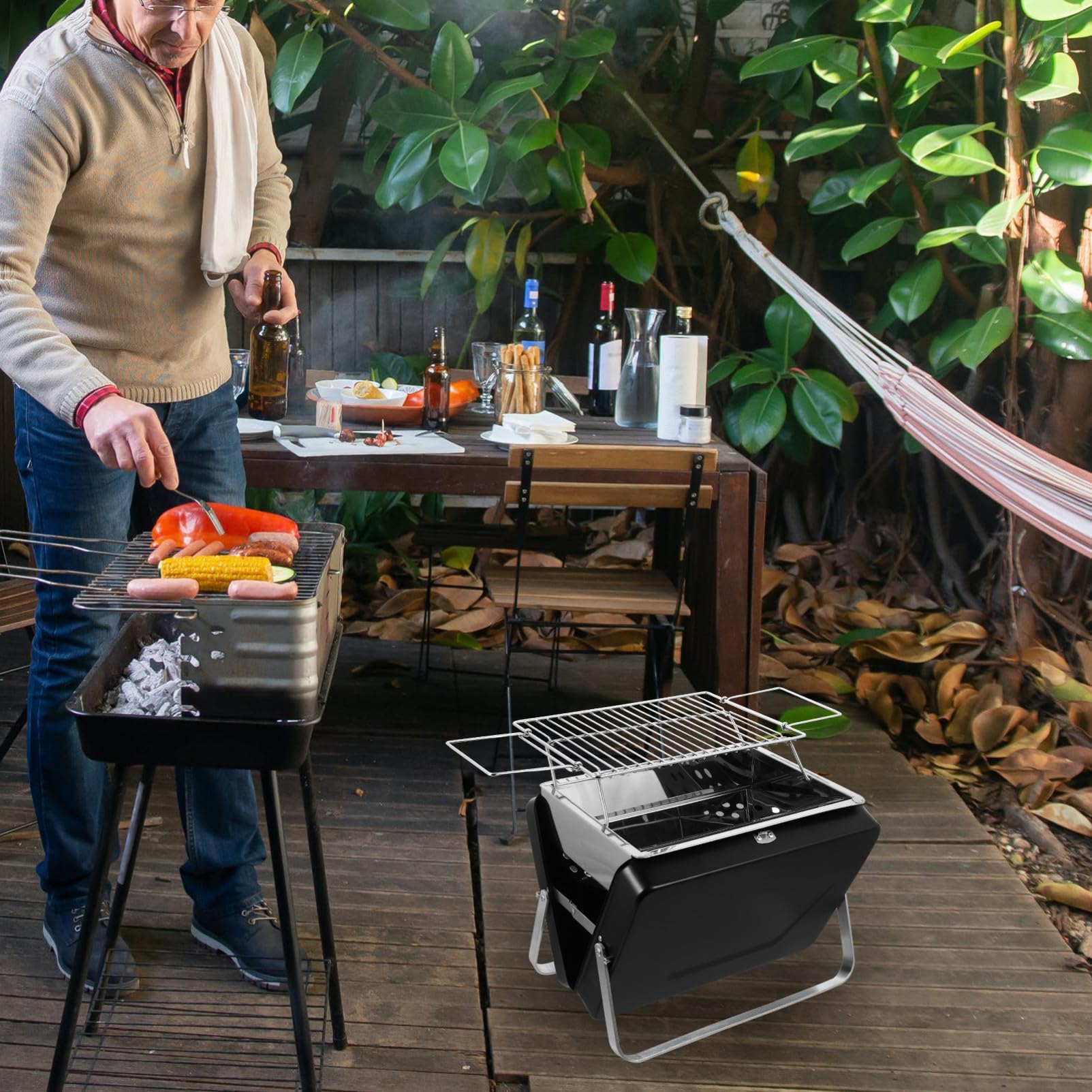 Parrilla de Barbacoa Plegable Portátil de Metal Negra para Exterior | Diseño Ligero, Uso en Patio y Jardín, Formato Compacto para Picnic y Actividades al Aire Libre
