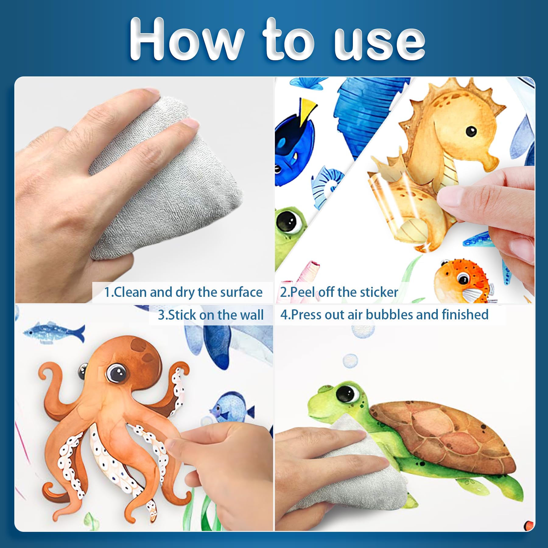 Calcomanías de pared de animales marinos del océano, 4 hojas de calcomanías de pared bajo el mar, tortuga, medusas, calcomanías de criatura oceánica para decoración de dormitorio de niños, baño