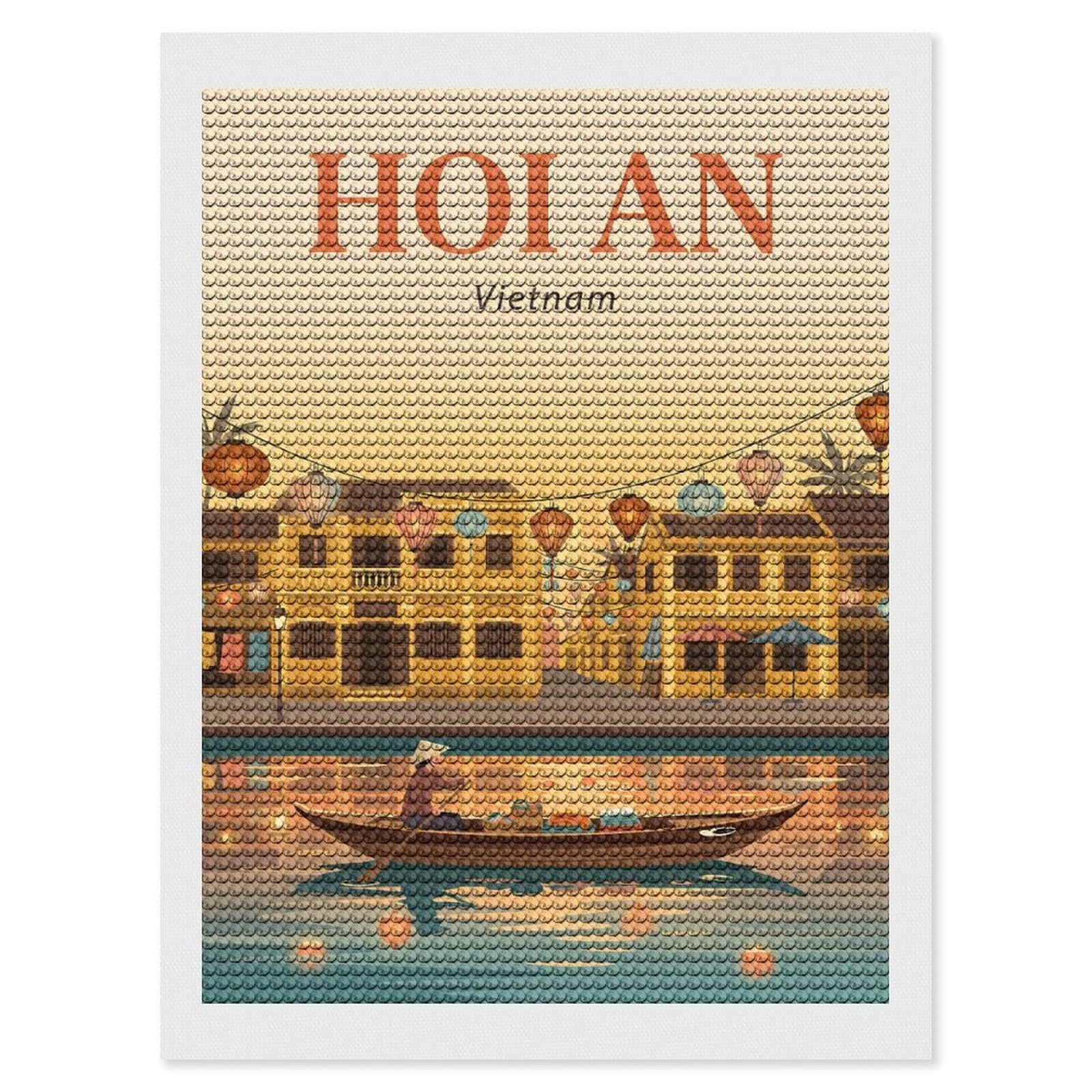 Junmoney Hoi an Vietnam DIY Diamond Art Canvas Kit 12"x16", for Teens, Aesthetic Room Decor, Farmhouse Decor, Canvas Picture, Birthday Gift