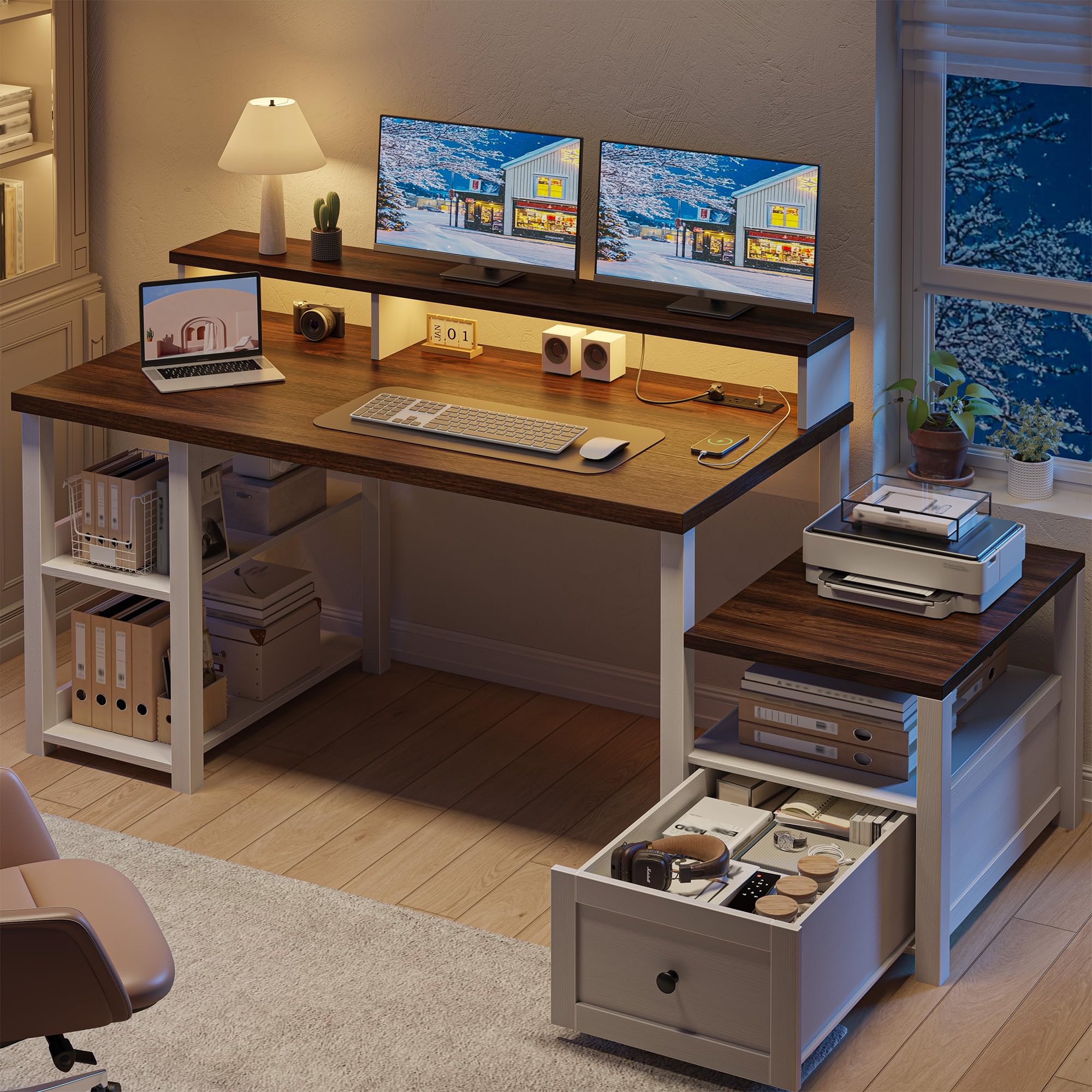 white computer desk with drawer and led light