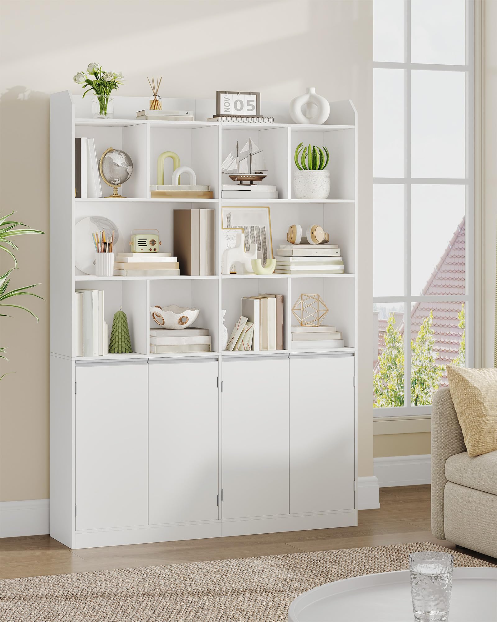 Hzuaneri Bücherregal 10 Fächer 4 Türen Standregal, 30 x 120 x 180 cm, Weiß | freistehend, 4-türiger Unterschrank, Aufbewahrungsregal, für Wohnzimmer Büro Schlafzimmer, BC46503X