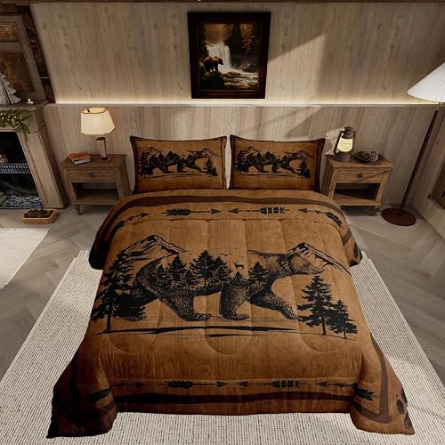 Feelyou Bear Comforter Cover Queen Size Cabin Bedding Set Wild Animal Hunting Qu