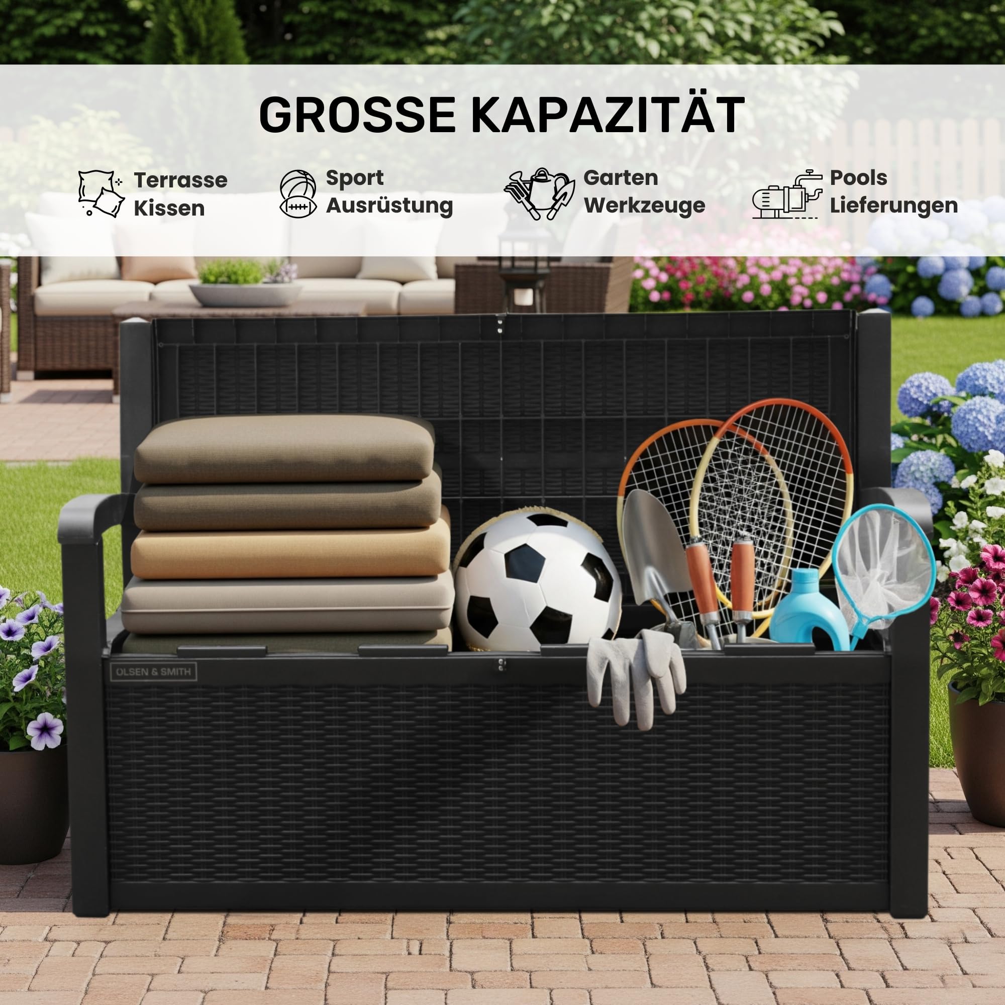 Olsen & Smith 265 Liter Gartenbank Wetterfest mit Stauraum Truhenbank Verschließbare Aufbewahrungsbox Auflagenbox Kunststoff Wetterbeständig Wasserdicht für Werkzeuge Spielzeug Decken und Mehr Schwarz