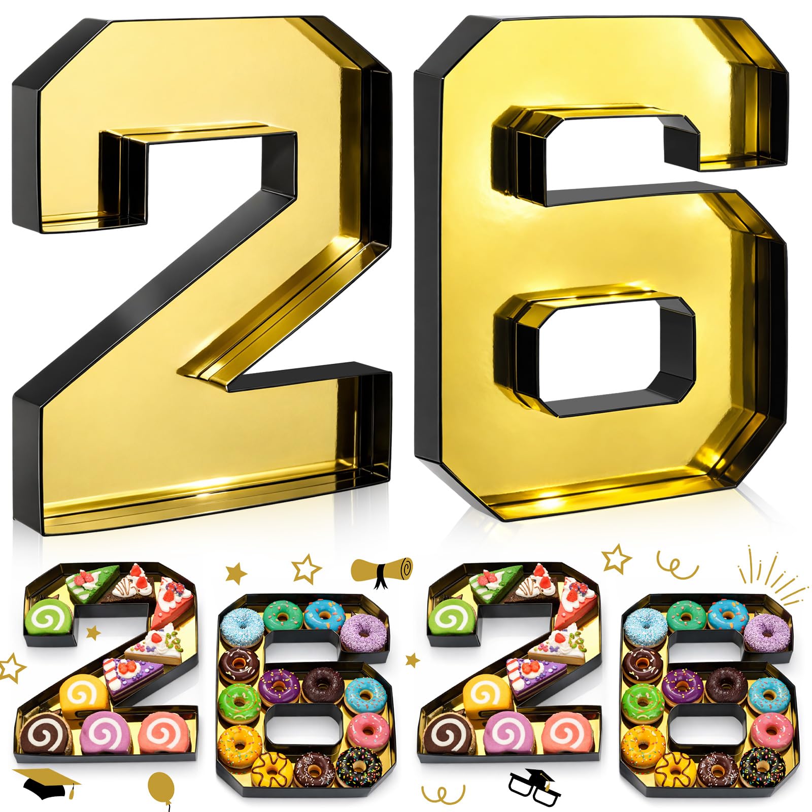Photo 1 of 2 Pcs 10" 26 Cardboard Charcuterie Numbers Fillable Graduation Board Number Large Fillable Numbers 2026 Letters Trays for Food Chocolate Candy School Congrats Grad Party Supplies(Black Gold)