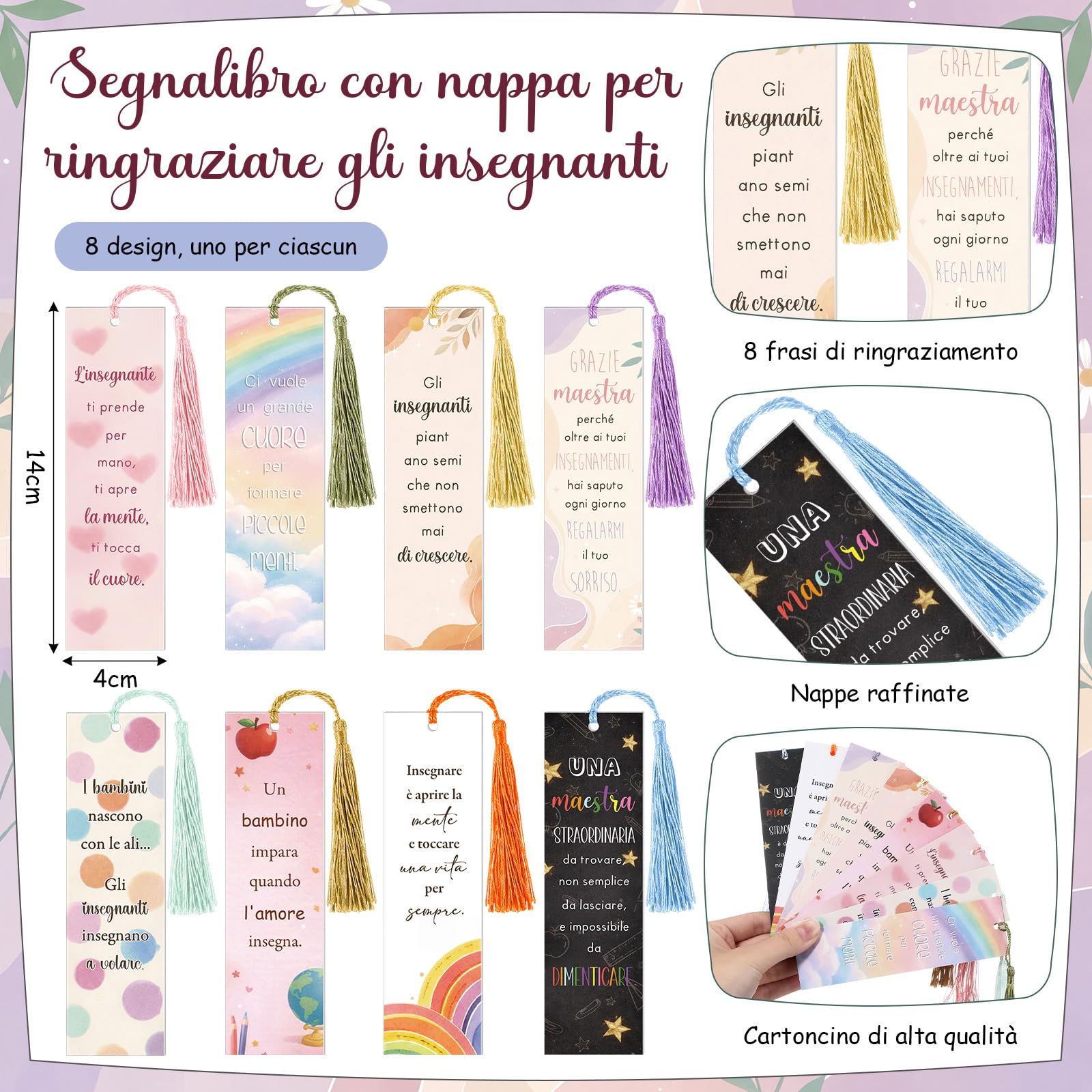 Tenare Set di 24 Regalo Grazie Maestre Fine Anno, Include 8 Penne a Sfera Insegnante, 8 Segnalibri con Nappe e 8 Sacchetti in Organza, Bomboniere Laurea Compleanno Pensionamento(Stile Naturale)