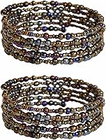 TEMBO AFRICA Handmade Beaded Wrap Bracelets for Women - Set of 2 Boho Jewelry, 5 Loops Each, Metallic Brown Gifts