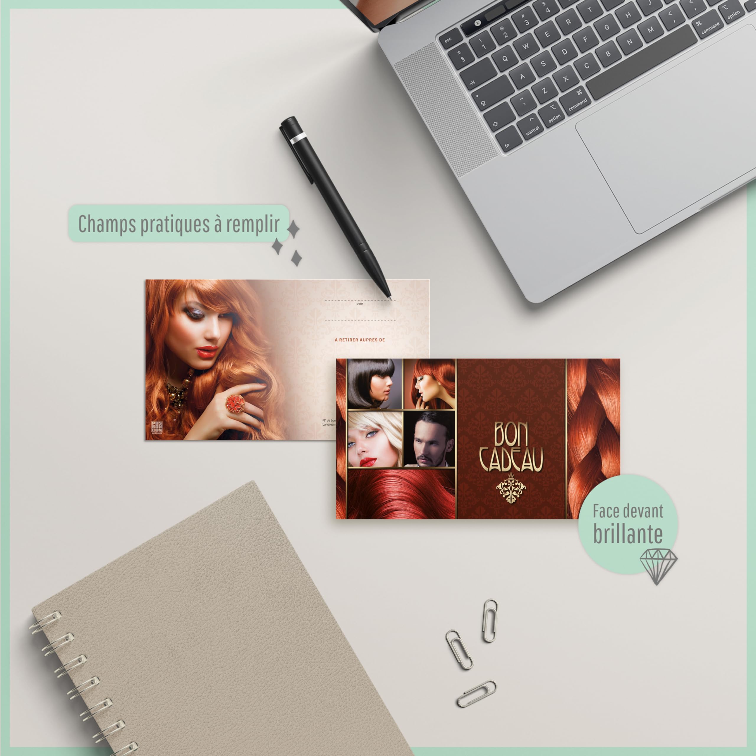 POS BON - 100 bons cadeaux à remplir avec enveloppe/nœud ruban - formulaires imprimés pour des salons de coiffure K1255F2-100-V1