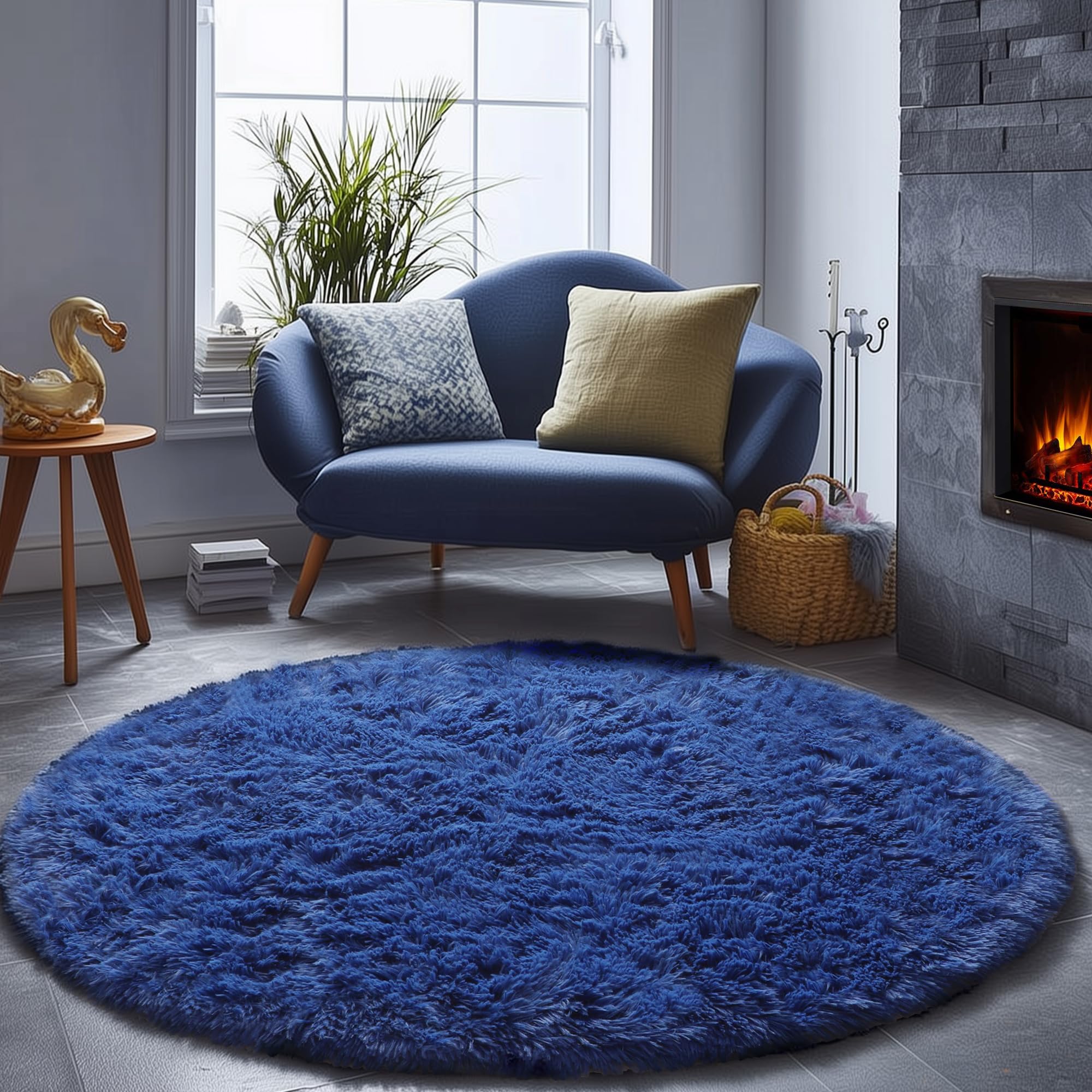 Soft Round Area Rug for Bedroom, 5 ft Navy Blue Circle Rug for