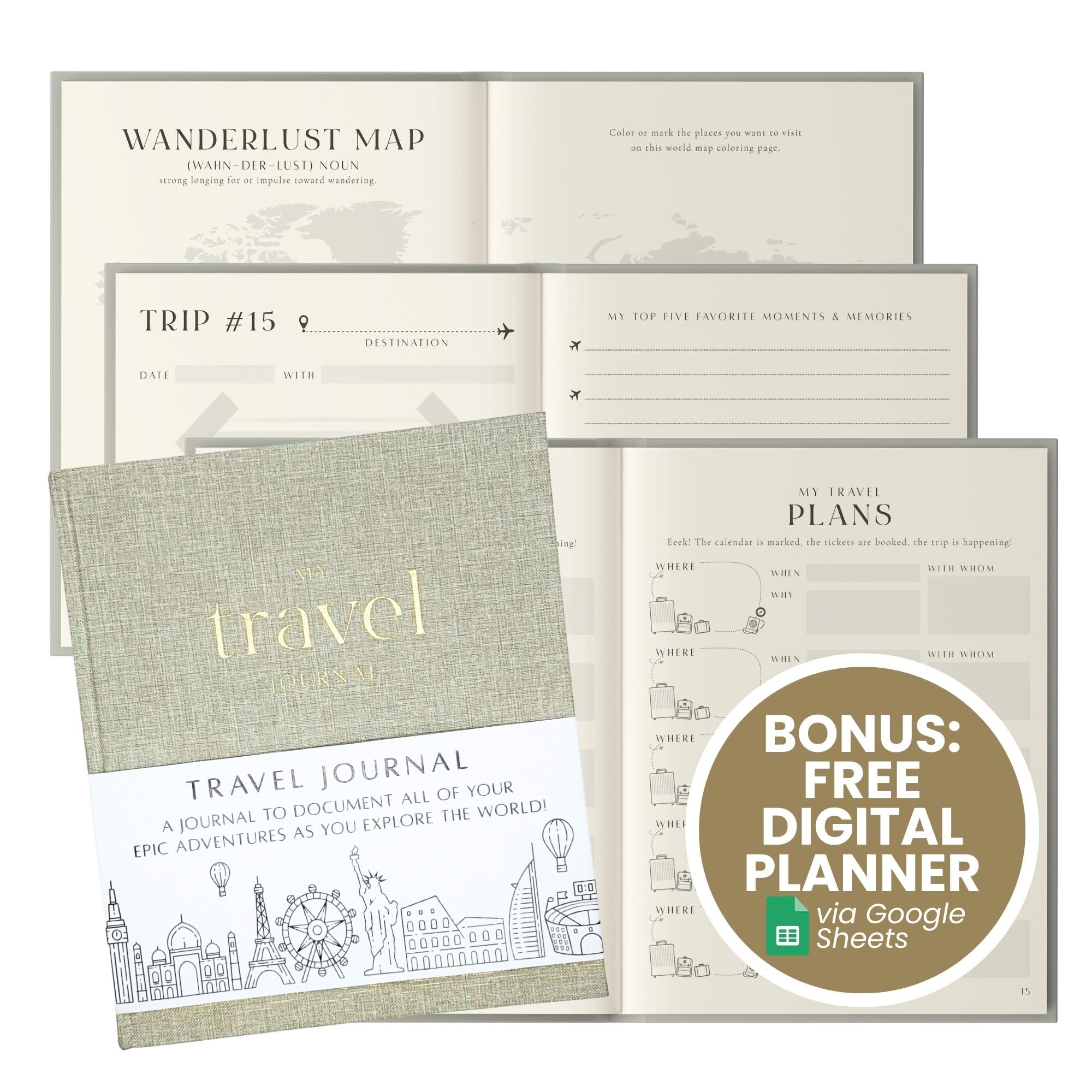 Inspired Ink Diario de viaje para mujeres y hombres, diario de viaje de 210 páginas, cuaderno de aventuras para viajeros, organizador de itinerarios y diario de recuerdos de viaje, regalo