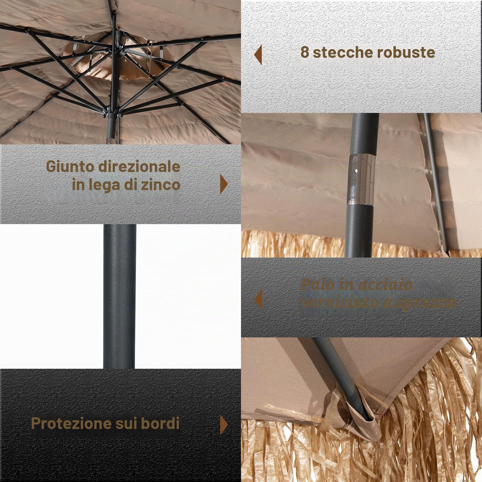 KOMFOTTEU Ombrellone Spiaggia in Paglia Hawaiano Pieghevole 300 cm | Parasole da Spiaggia con Doppio Tetto, Ombrellone per Giardino, Balcone, Giallo-Marrone, senza Base