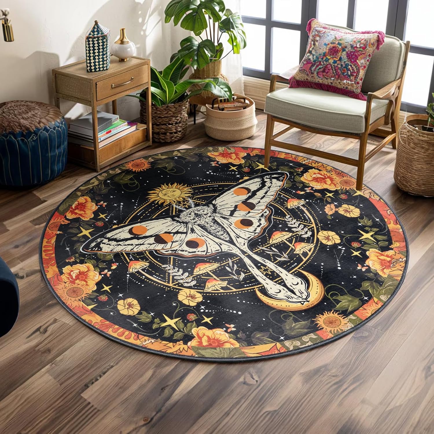 Ultra Thin Moody Black Floral Rugs Washable, Boho Cute Aesthetic Bedroom Dorm Circle Carpet Moon Phase Room Decor, Vintage Botanical Butterfly 4ft Round Area Rug for Living Room Kitchen Entryway