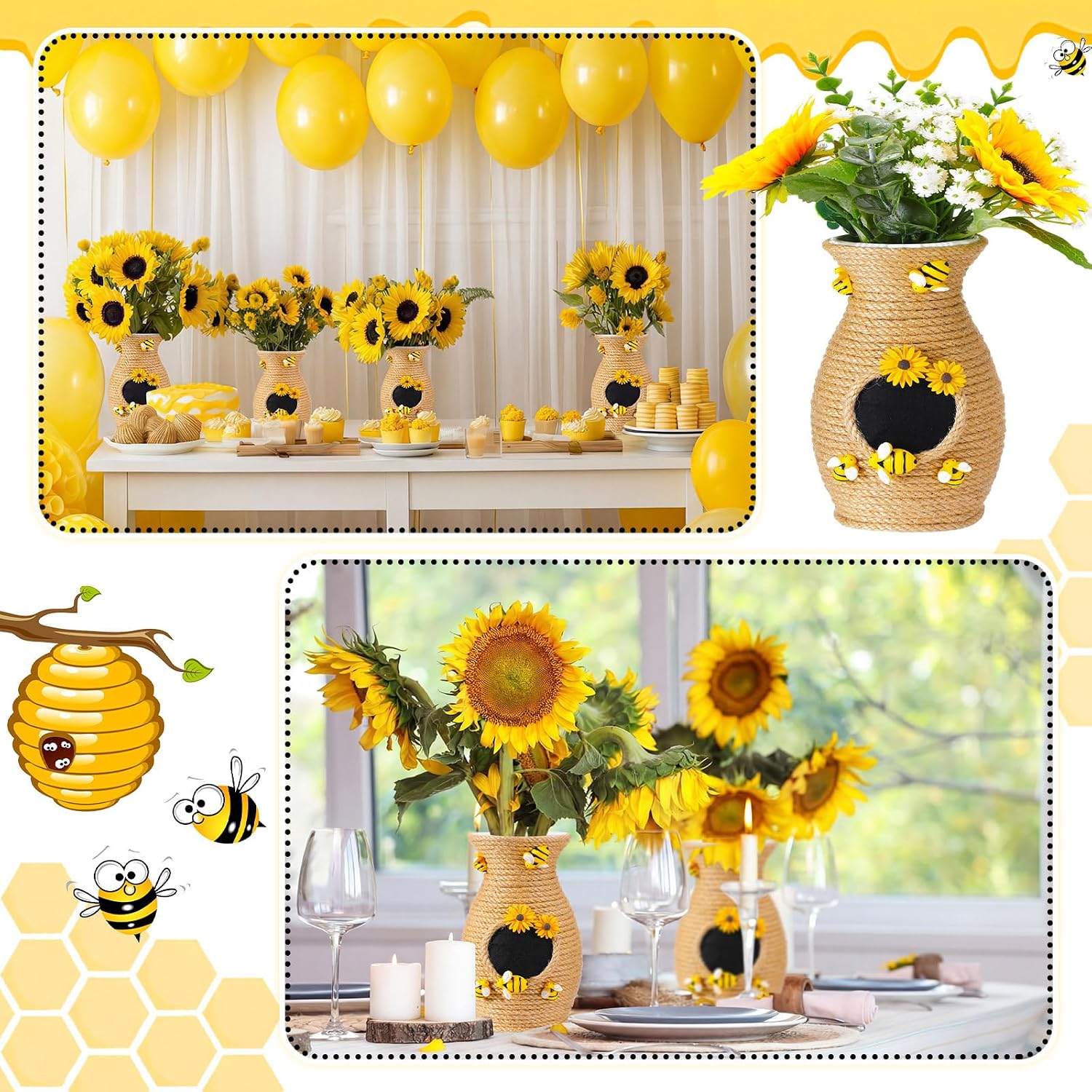 Yungyan 2 Pcs Honeybee Vase Decor Bee Hive Vase Wrap with Jute Rope Bee Flower Vintage Farmhouse Honeycomb Table Centerpieces for Bear Baby Shower Party Spring Summer Rustic Kitchen Home Decoration