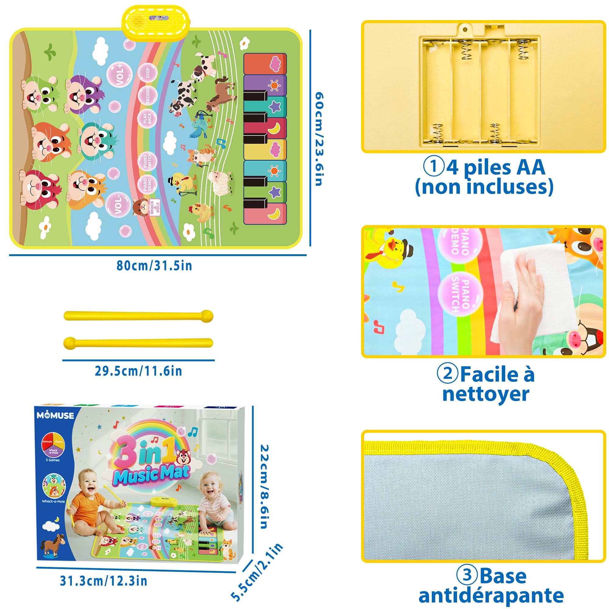 MOMUSE Tapis Musical Tape-Taupe, Tapis Piano 3 en 1 | Réglage du Volume à 10+ Niveaux, Jouet Bebe 1 2 3 Ans, Cadeaux d'anniversaire pour Bébés Enfants 3 4 5 Ans