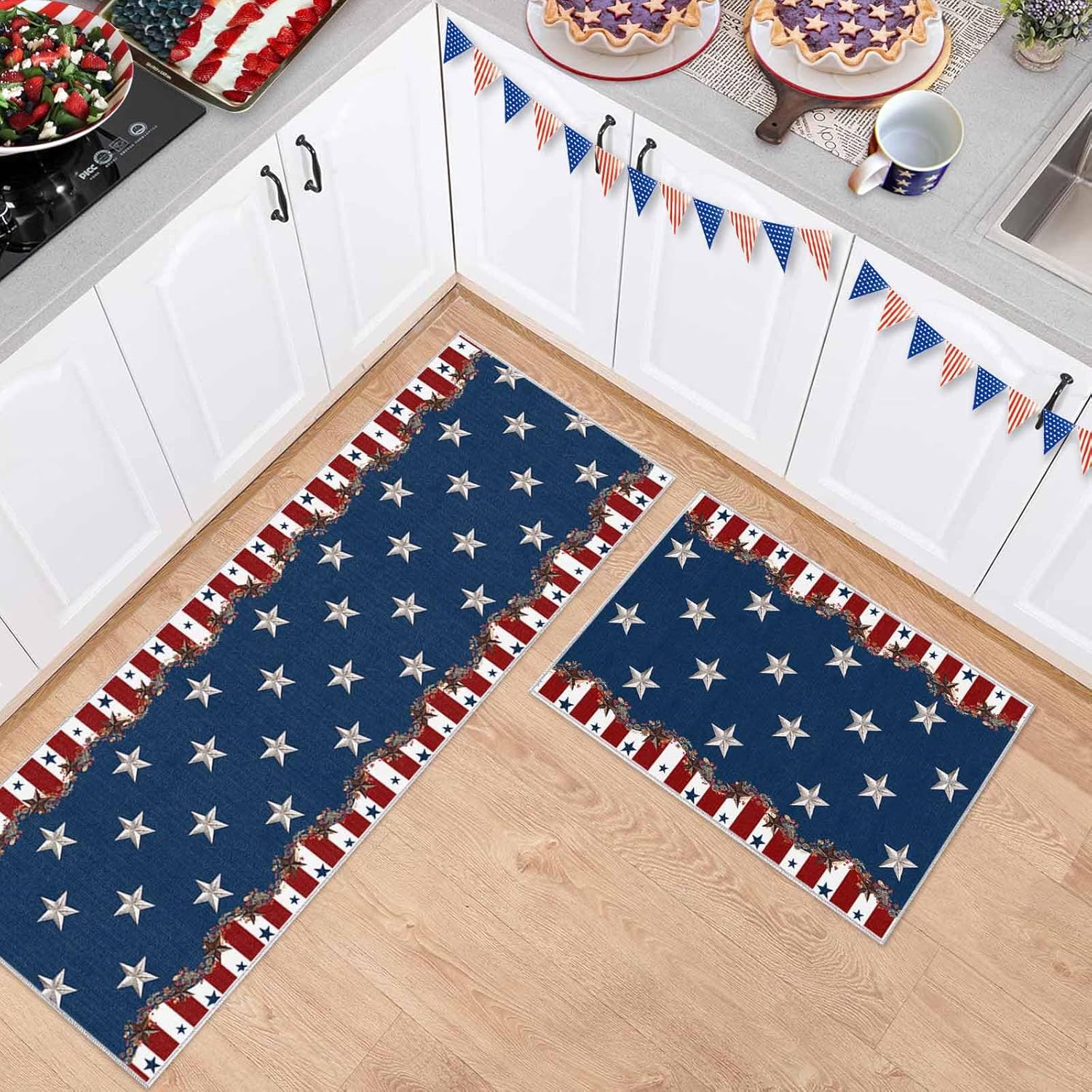 2 Pieces Kitchen Rugs and Mats,Independence Day American Stars Area Runner Rug Set Non Slip Floor Doormat Washable Carpet Standing Mat for Kitchen Sink Indoor Corridor,Country Star Stripe Red Blue