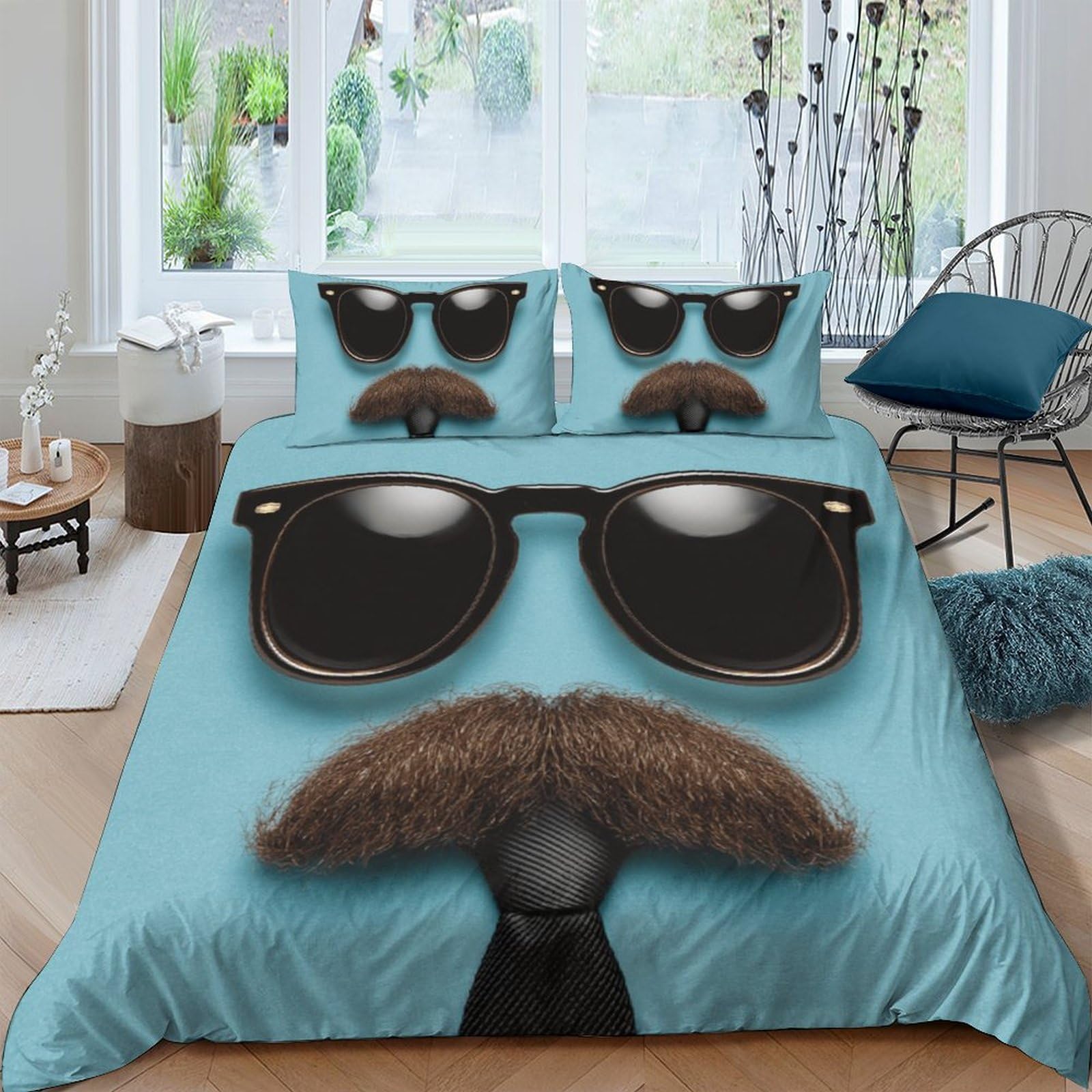 Ctjqhvkz Style-6 3D Printed Mustache Sunglasses Fitted Sheet Microfiber Soft Blue Cartoon Bed Cover For Bedroom Guest Room Decor Single（135X200cm）