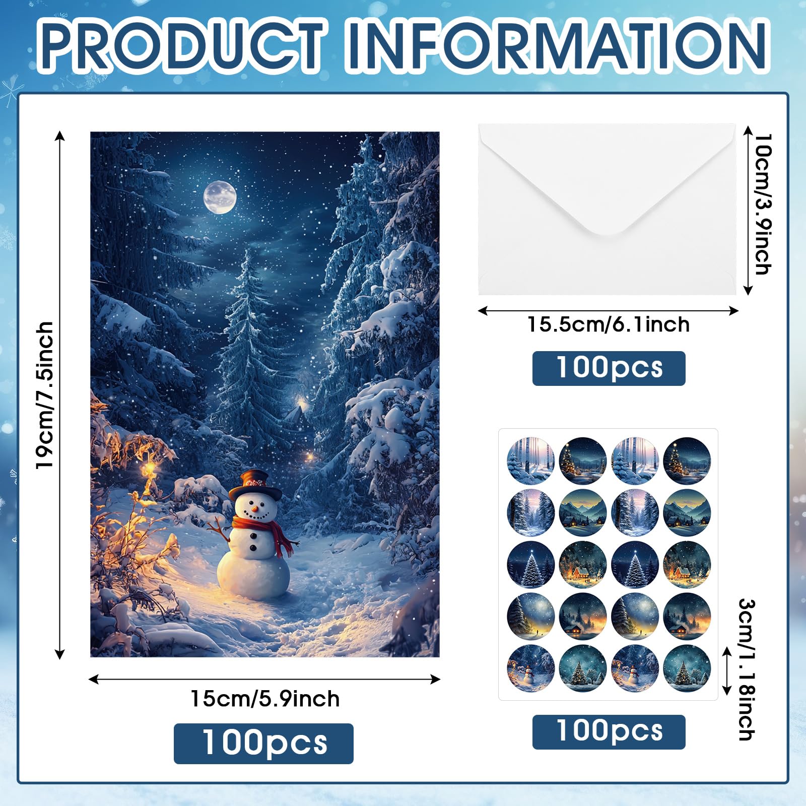 Motiskyy Lot de 100 cartes de Noël avec enveloppes et autocollants, assortiment de cartes de vœux en vrac pour Noël, Nouvel An, 10 motifs, 15,2 x 10,2 cm (forêt hivernale)