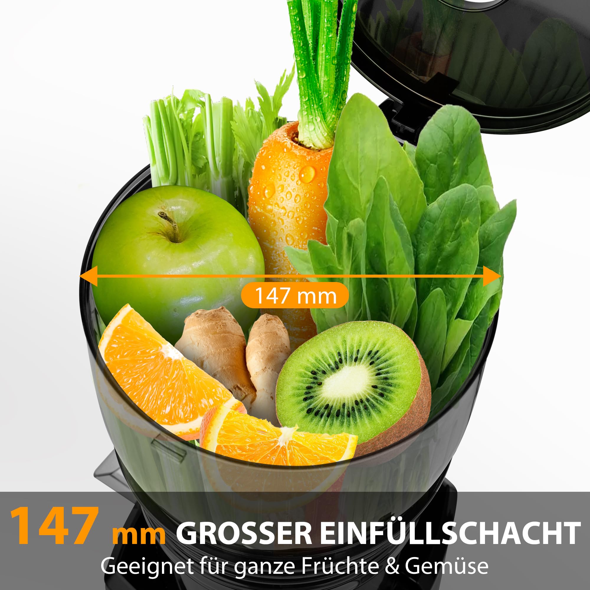 PUKOMC Kaltpressentsafter mit 14,7 cm (5,8 Zoll) großem Einwurf - Slow Juicer für ganze Früchte und Gemüse, 1,8 Liter Behälter, 300W, inklusive Reinigungsbürste und Auffangbecher, grau