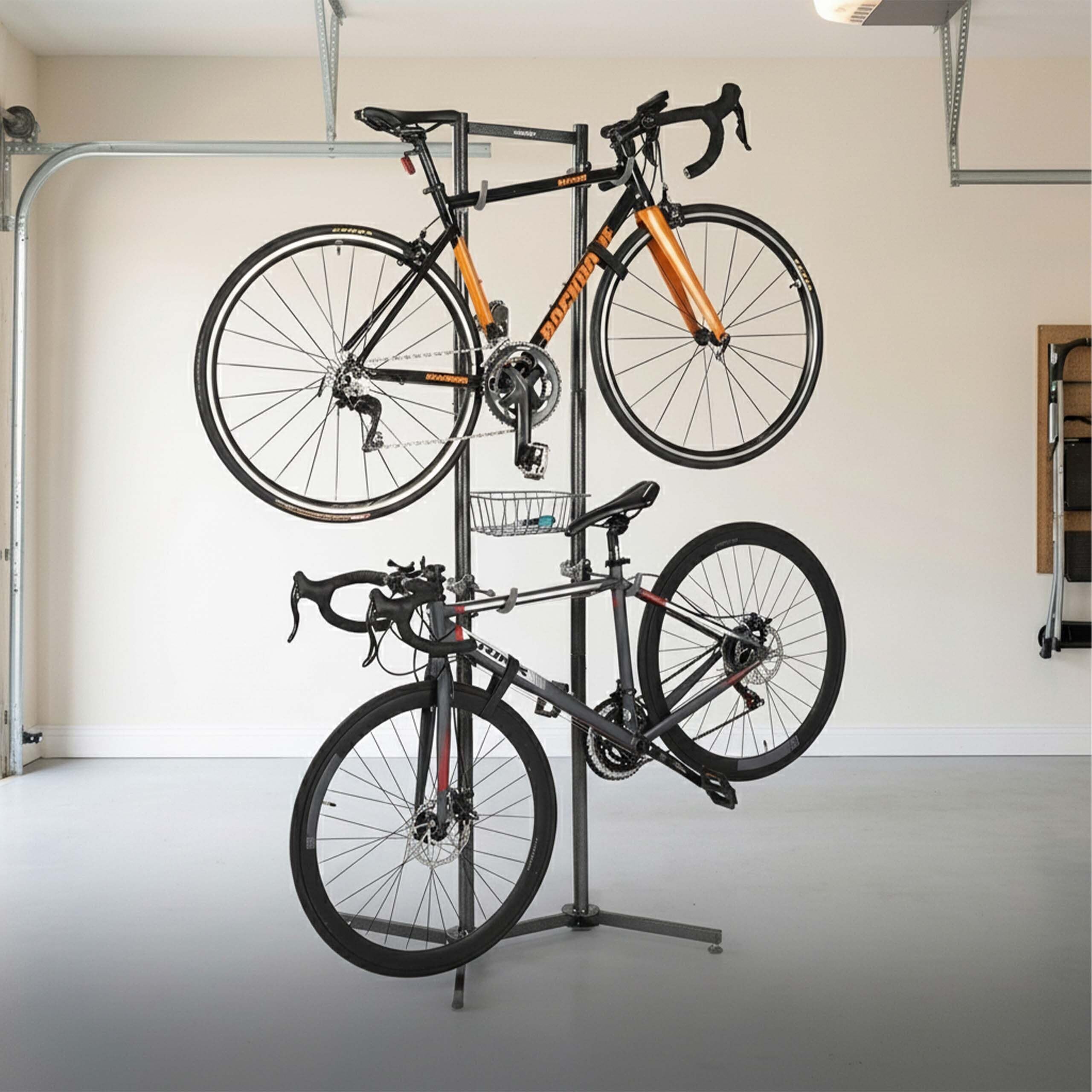 Relaxdays support pour 2 vélos, MBT, vélo de course, VAE, noir | modèle autonome, panier, H x l x P : 210 x 75 x 61 cm, support pour roues