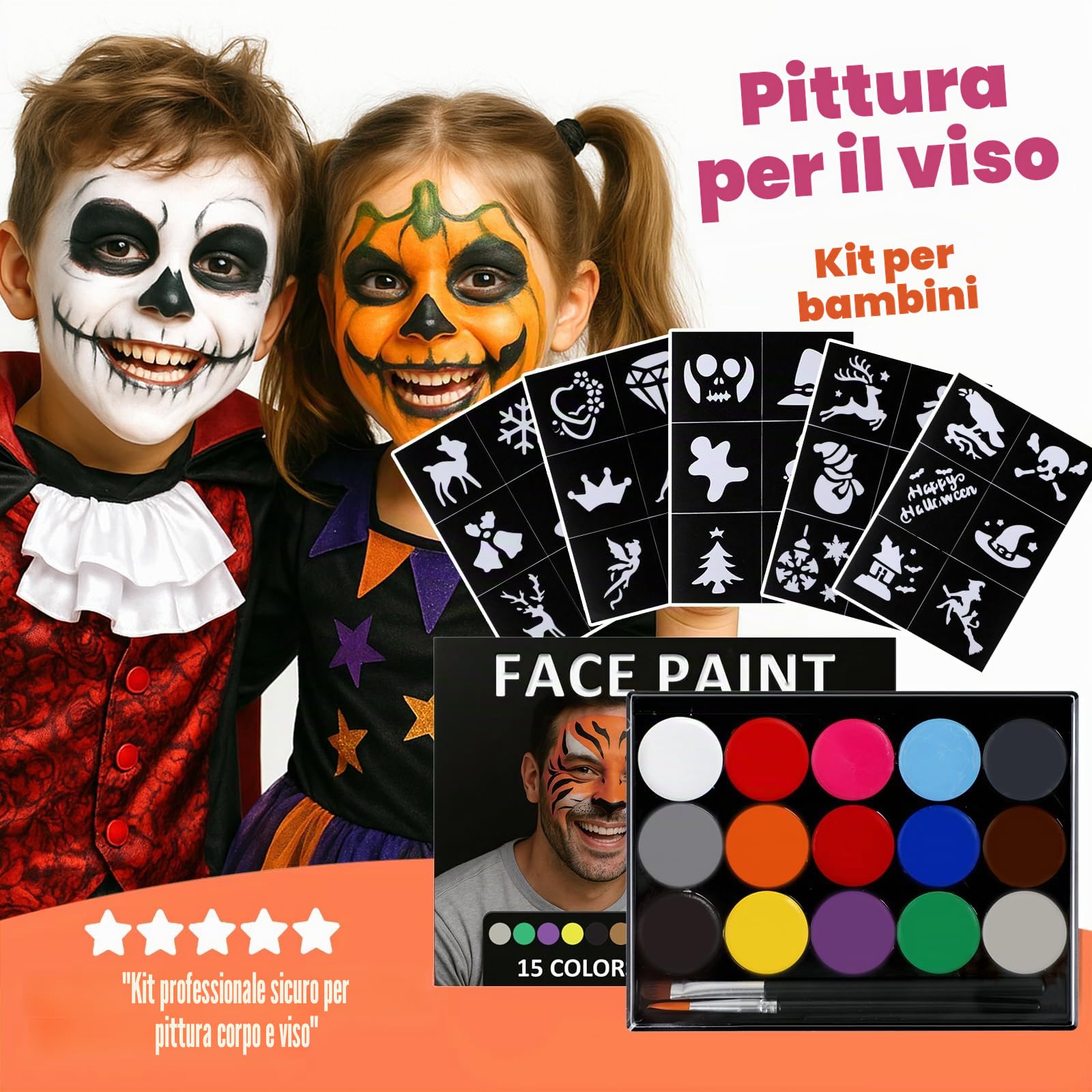 Face Painting Set per Truccare il Viso dei Bambini, 15 Colori per Body Painting Adatti per Halloween, Carnevali, feste e Spettacoli