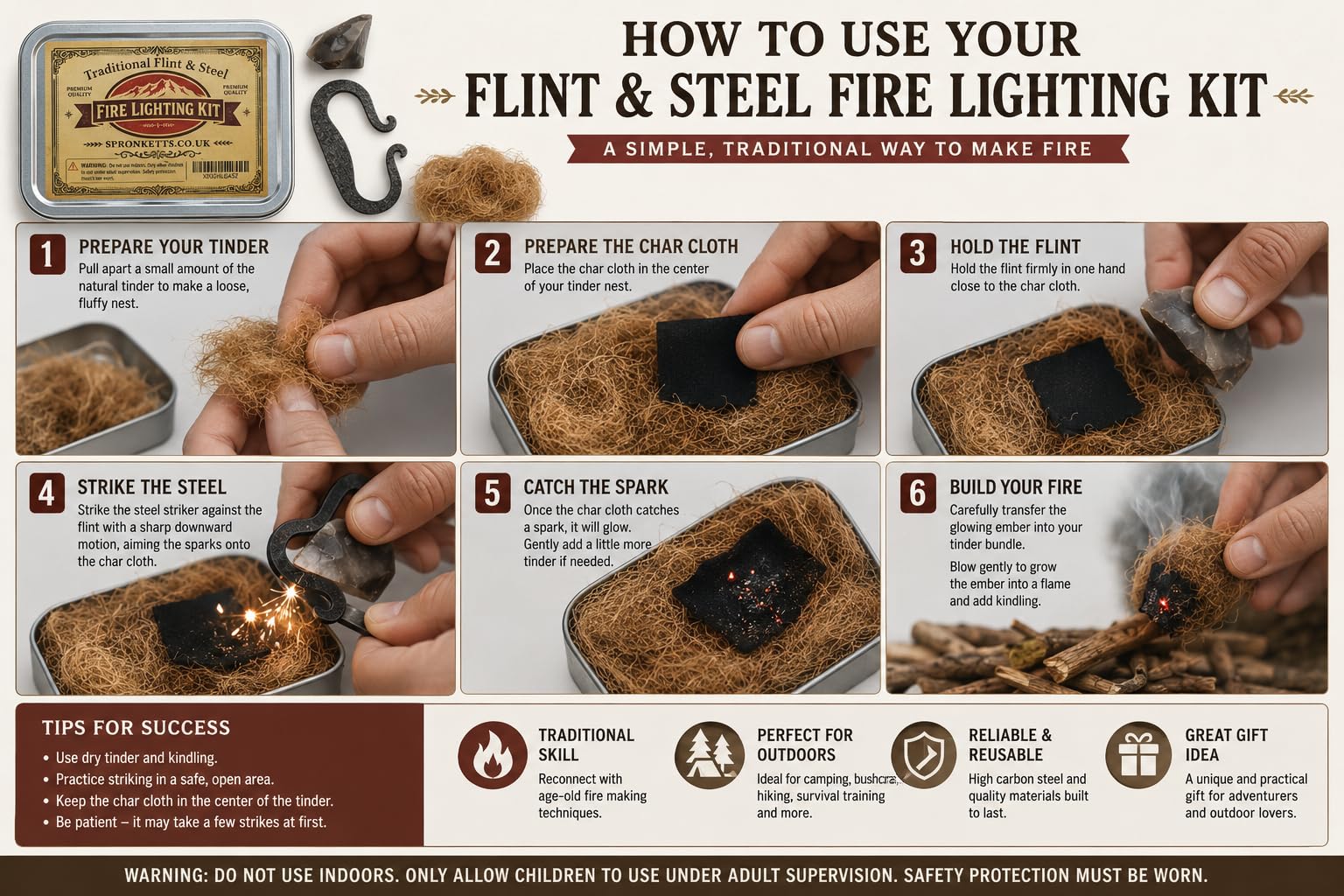 Acciaio al carbonio con pietra focaia inglese naturale, kit tradizionale per accendere fuoco in sacchetto con coulisse, realizzato nel Regno Unito (kit tradizionale in acciaio e pietra focaia)