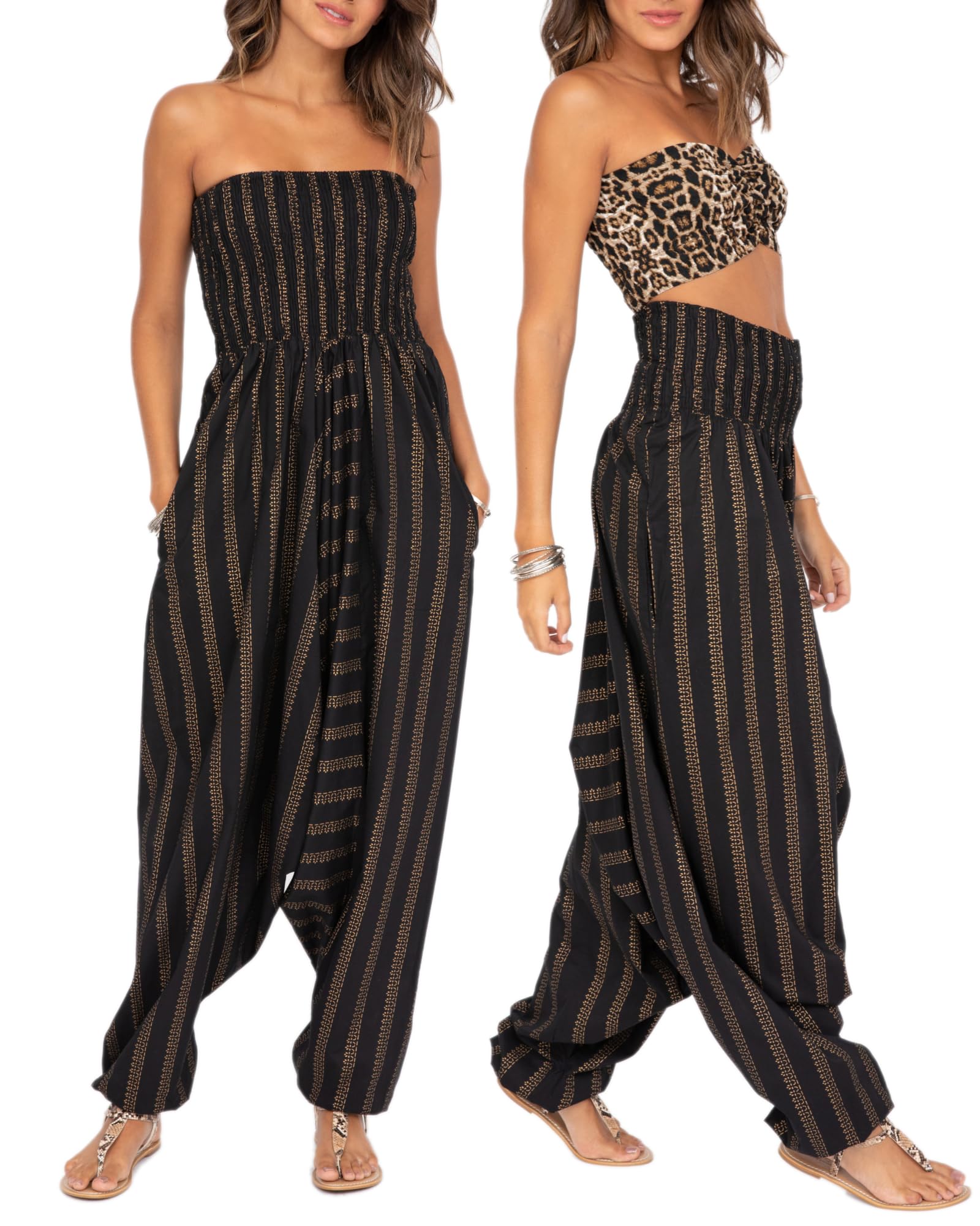 likemary Tuta Jumpsuit Donna in Cotone Stile Harem - Tirare giu e Trasformare in Pantaloni Harem - 2-in-1 Vestito - Tuta Intera Estiva & Pantaloni Harem con Tasche Ideale Per Le Vacanze