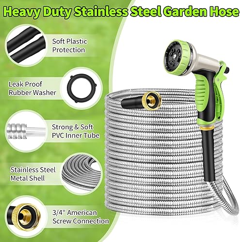 Miniatura 2 de GOXAWEE Manguera de jardín de 100 pies, manguera de agua resistente de acero inoxidable con boquilla de 10 funciones, sin torceduras, resistente y