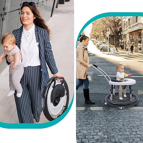 Miniatura 5 de Andador de bebé con ruedas, centro de actividades 3 en 1 con ruedas silenciosas, antideslizante, 9 engranajes de altura ajustable, plegable, andador