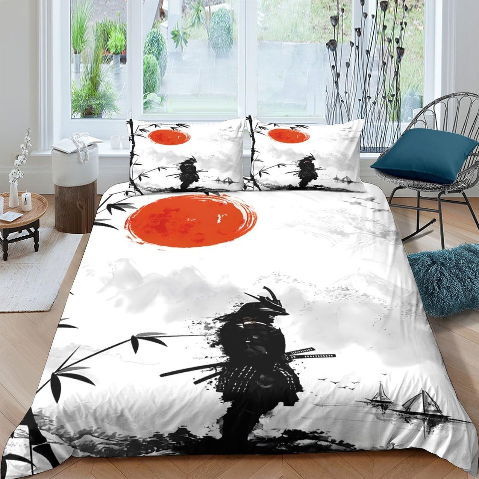 Ctjqhvkz Style-9 3D Printed Samurai Red Sun Fitted Sheet Microfiber Soft Breathable Ink Landscape Mattress Cover Bedroom Decor Single（135X200cm）