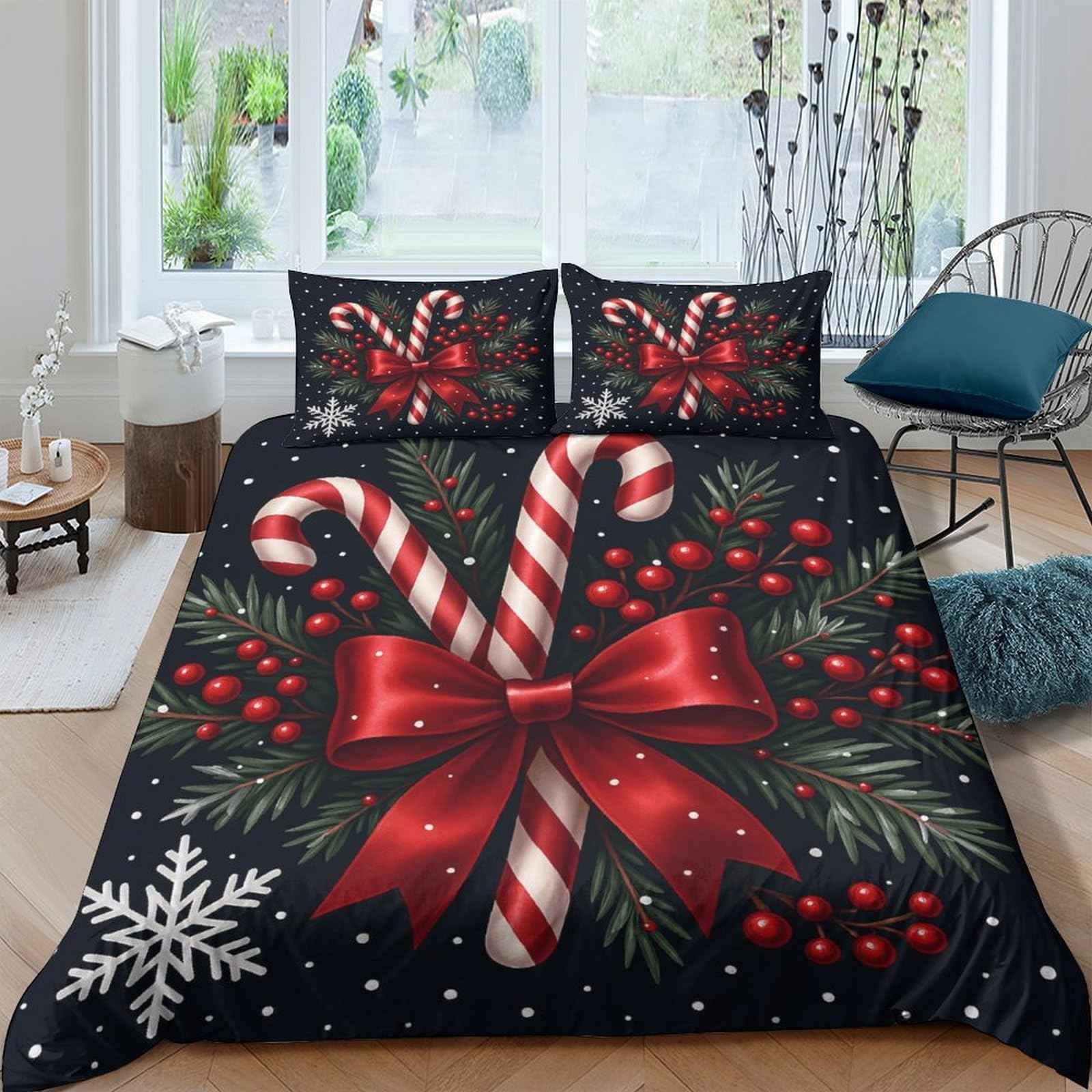 Ctjqhvkz Style-3 3D Printed Christmas Candy Cane Fitted Sheet Microfiber Red Bow Snowflake Bed Cover For Bedroom Dorm Mattress Protection Single（135X200cm）