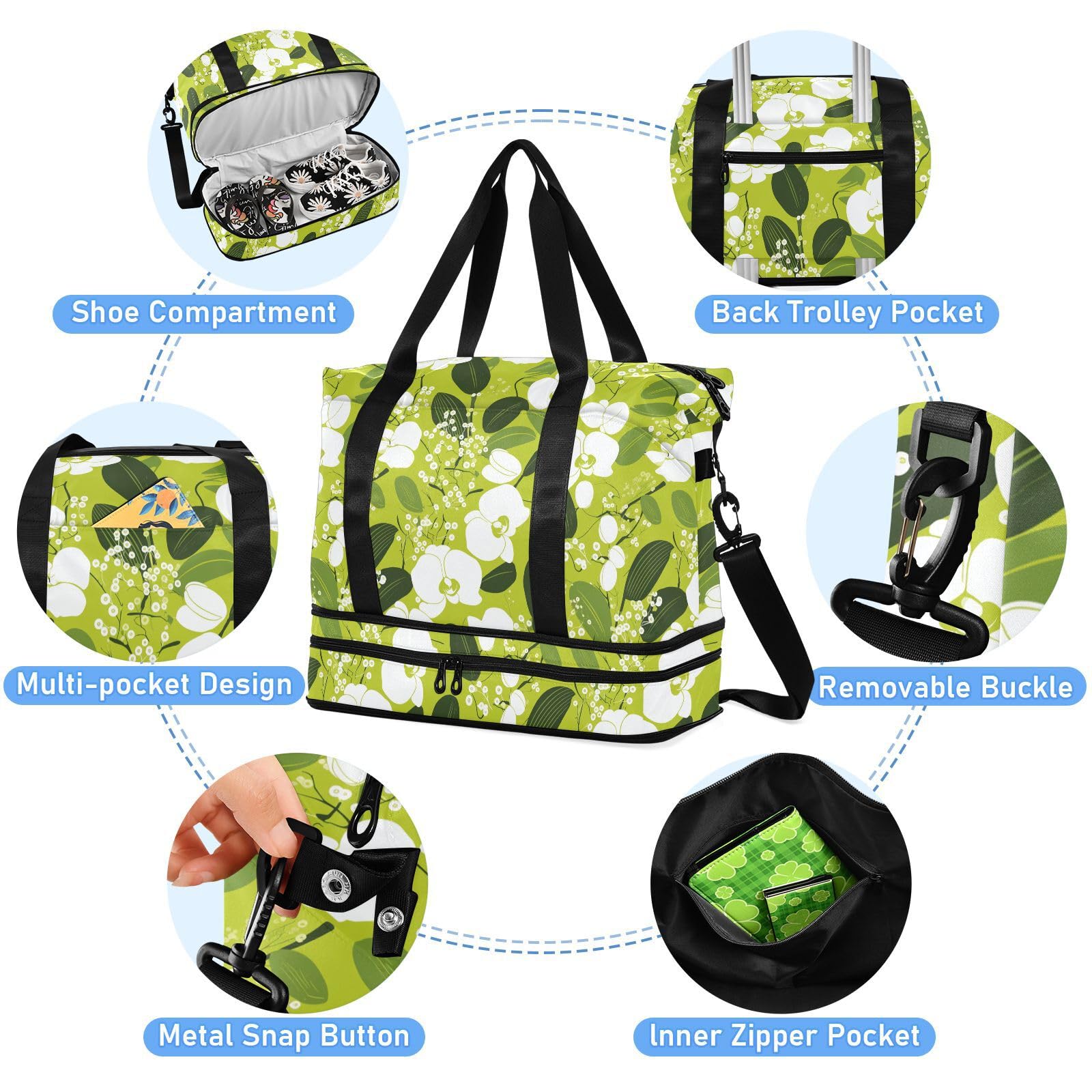 Reisetasche mit grünem Blumenmuster, Weiß, 2-teiliges Set, Reisetasche, Wochenendtasche, Übernachtungstasche, mit verstellbarem Gurt, für Flugreisen
