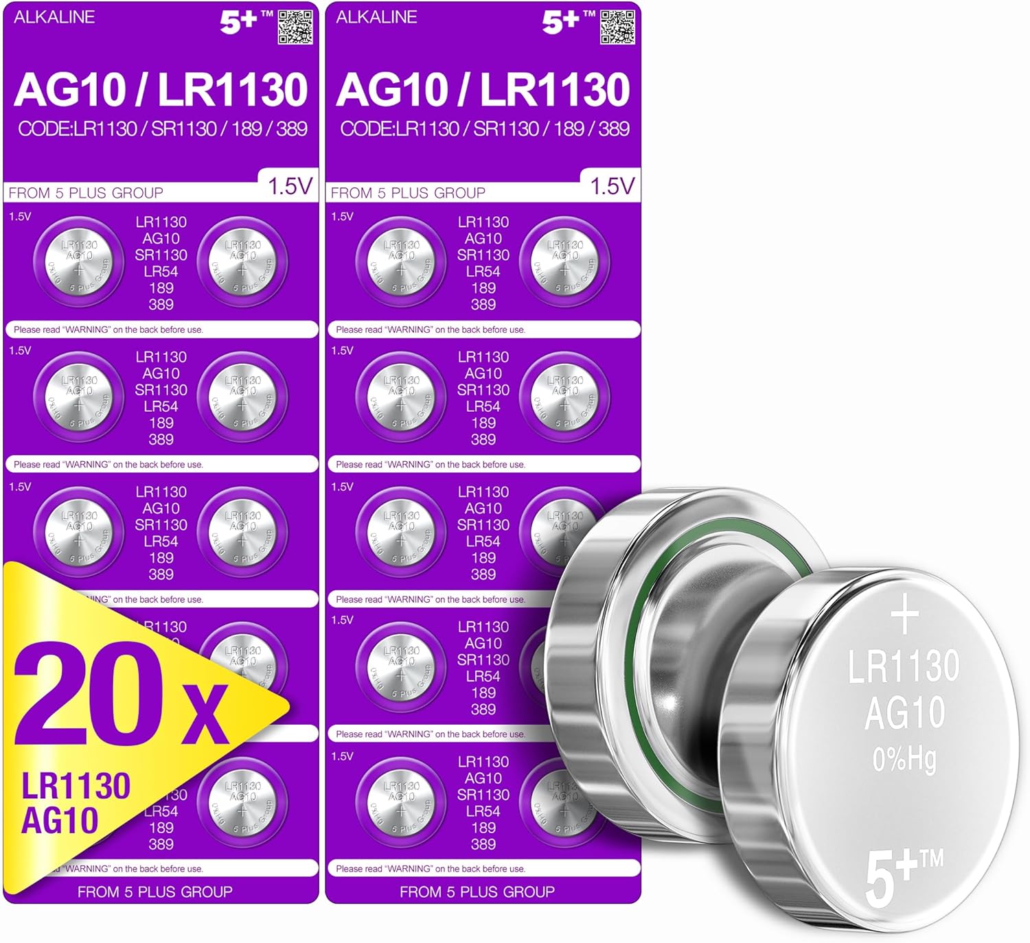 5Plus 20PCS LR1130 AG10 SR1130 LR54 Battery 1.5V Alkaline Button Cell