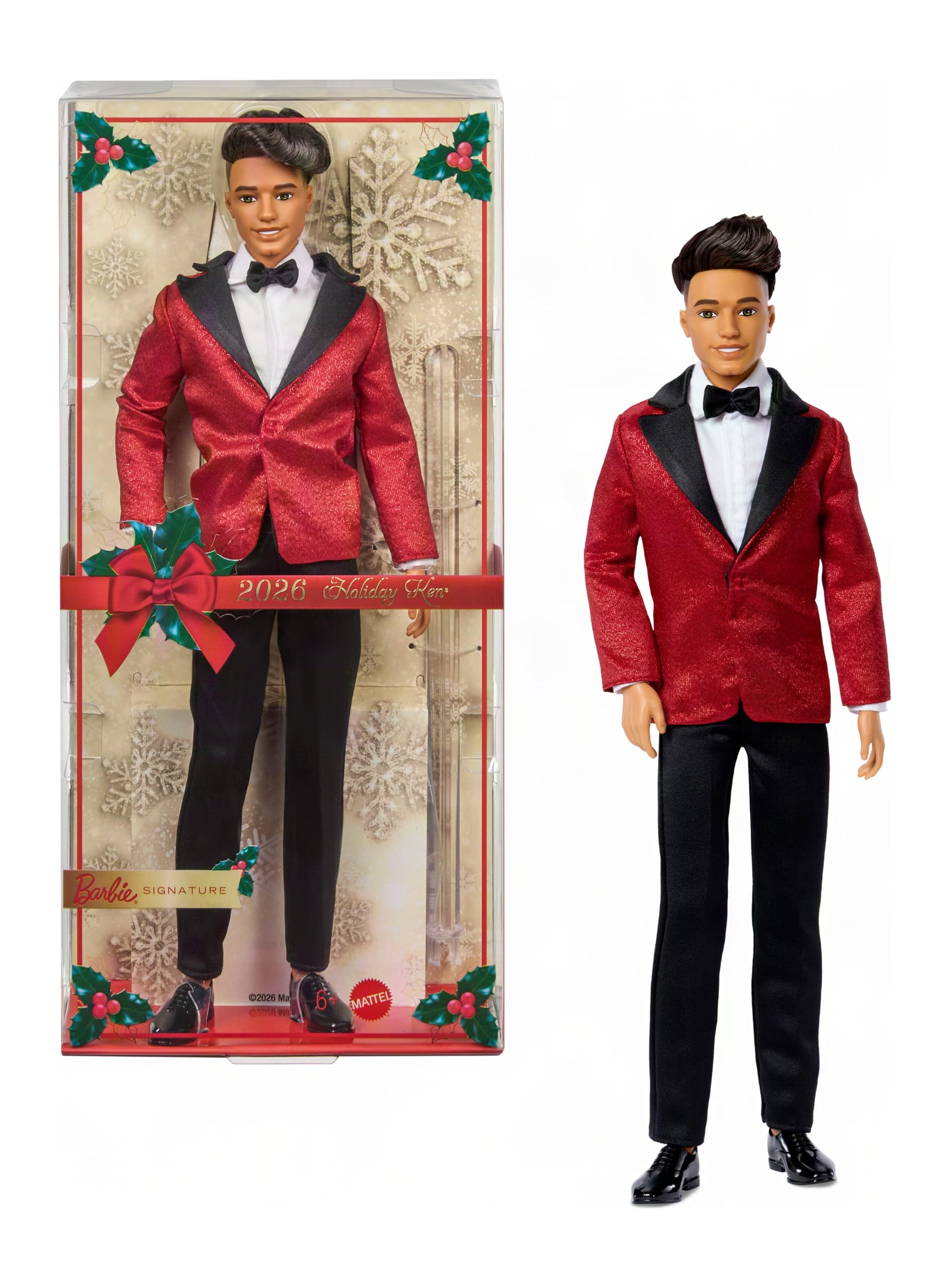Barbie Signature 2026 Holiday Curly Black Hair Ken Collectible Fashion Doll Wearing Full Suit with Red Jacket in Displayable Packaging & Doll Stand