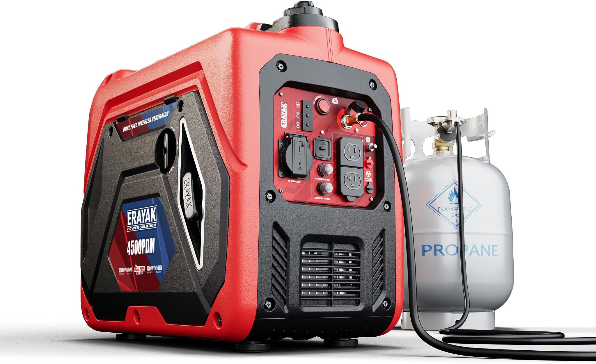 - 4500W Dual-Fuel Portable Inverter Generator for Home Use, Camping Outdoor, 30A RV Ready, Auto Switch, Gas and Propane Powered, EPA, CO Sensor, Parallel Ready, Campact Design
