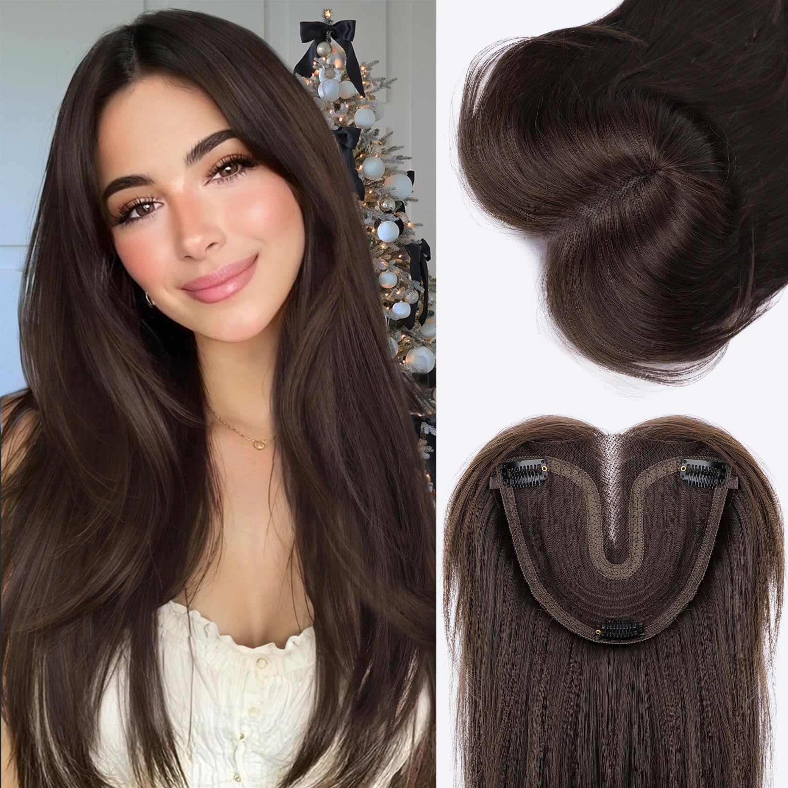 isaic hair toppers for women with thinning hair, 24 inch synthetic clip in topper hair extensions with adjustable band, layered wiglet adds volume and natural coverage (dark brown)
