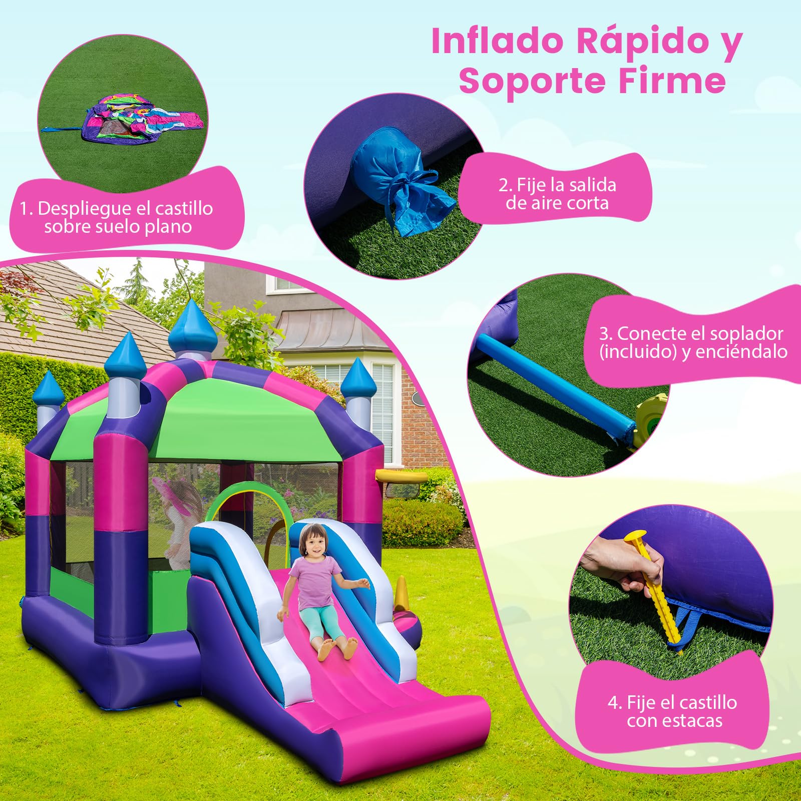 COSTWAY 5 en 1 Castillo Hinchable para Niños, Castillo Hinchable Grande con Tobogán, Piscina de Bolas, Techo Sombreado, para Niños 3-10 Años, Insuflavel Criança Interior Exterior, 385 x 332,5 x 300 cm