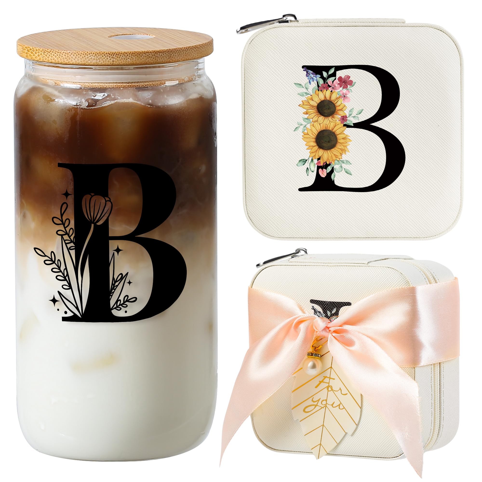AYGXU Mothers Day Gifts for mom,travel jewelry case organizer,small jewelry travel case,Cute Tumbler Cup,16oz bamboo lids for glass cups,teacher appreciation gifts for women,Initial B white