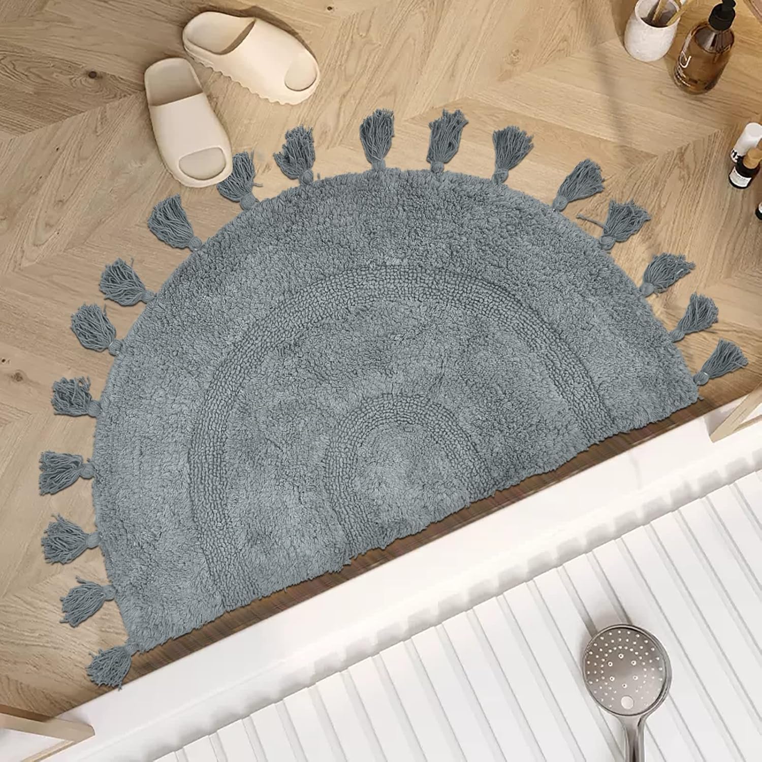 Boho Bathroom Rugs with Tassels Hand Woven Cotton Mat Half