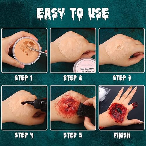 Vista 5 de BOBISUKA Demonic Special Effects SFX Halloween Makeup Kit - 5 Colors Bruise Makeup Face Body Painting Palette + Scar Wax with Spatula Tool + Fake