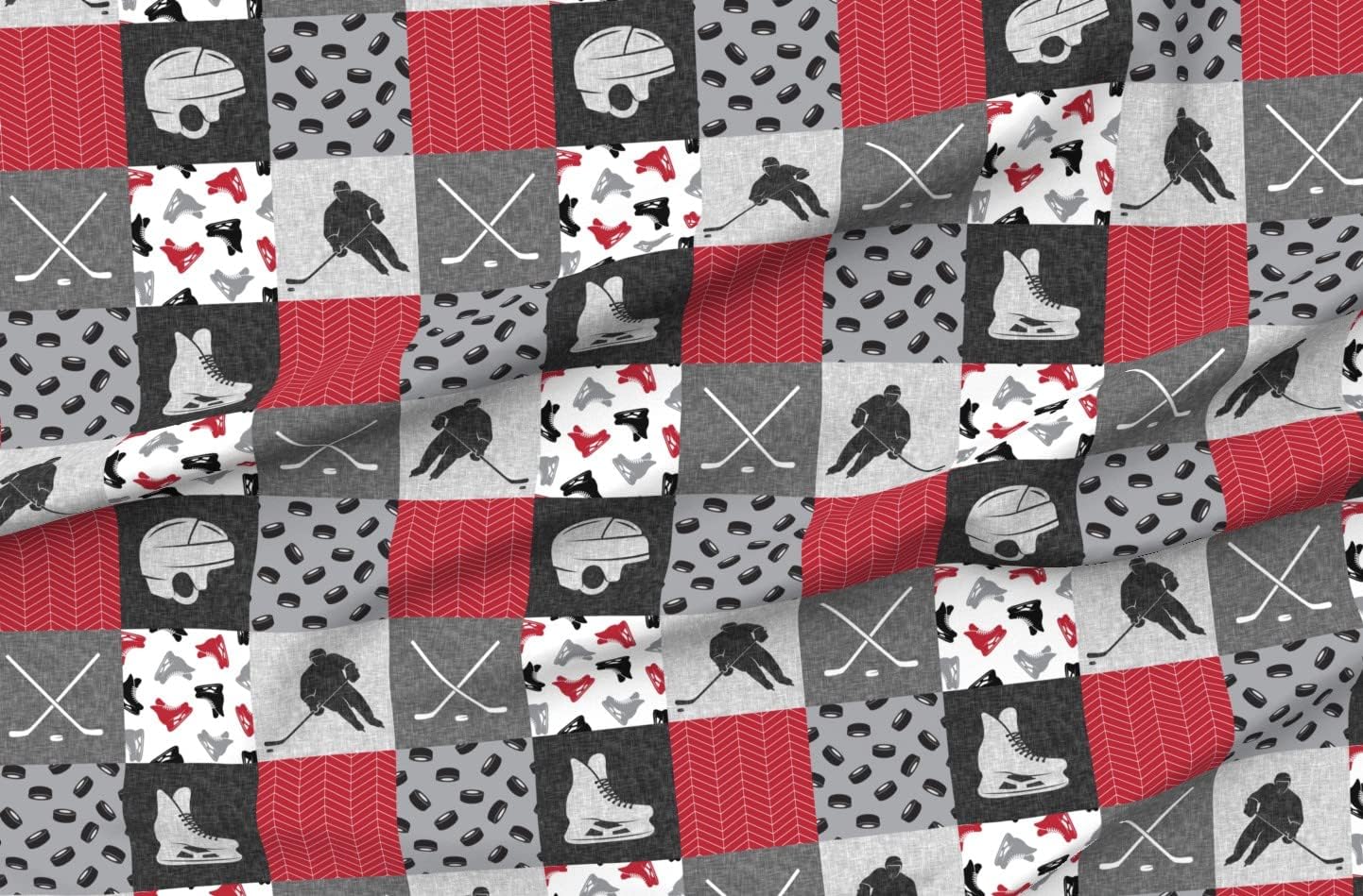Spoonflower Fabric - Ice Hockey Patchwork Nursery Wholecloth Cheater Quilt Top Red Black Printed on Organic Cotton Sateen Fabric by The Yard - Sewing Quilting Apparel Home Decor