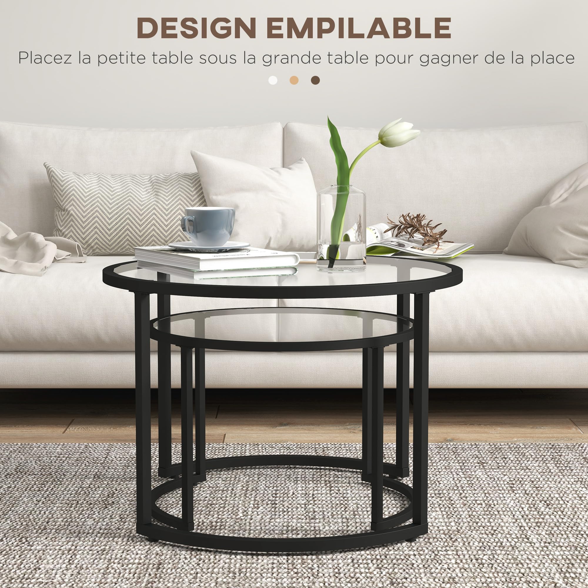 HOMCOM Lot de 2 Tables Basses gigognes Rondes 70/54 cm Plateau Verre trempé et Pied en Acier au Carbone Design Moderne Noir