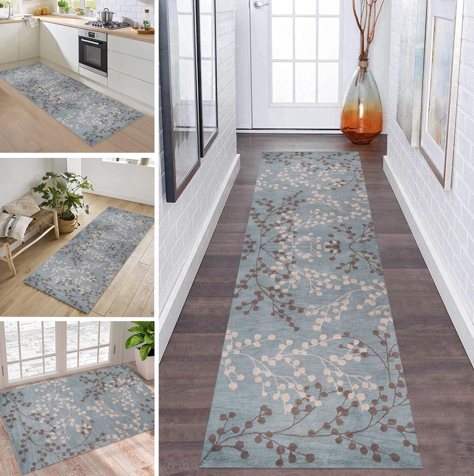 Tapis de sol cuisine antiderapant et lavable bleu beige