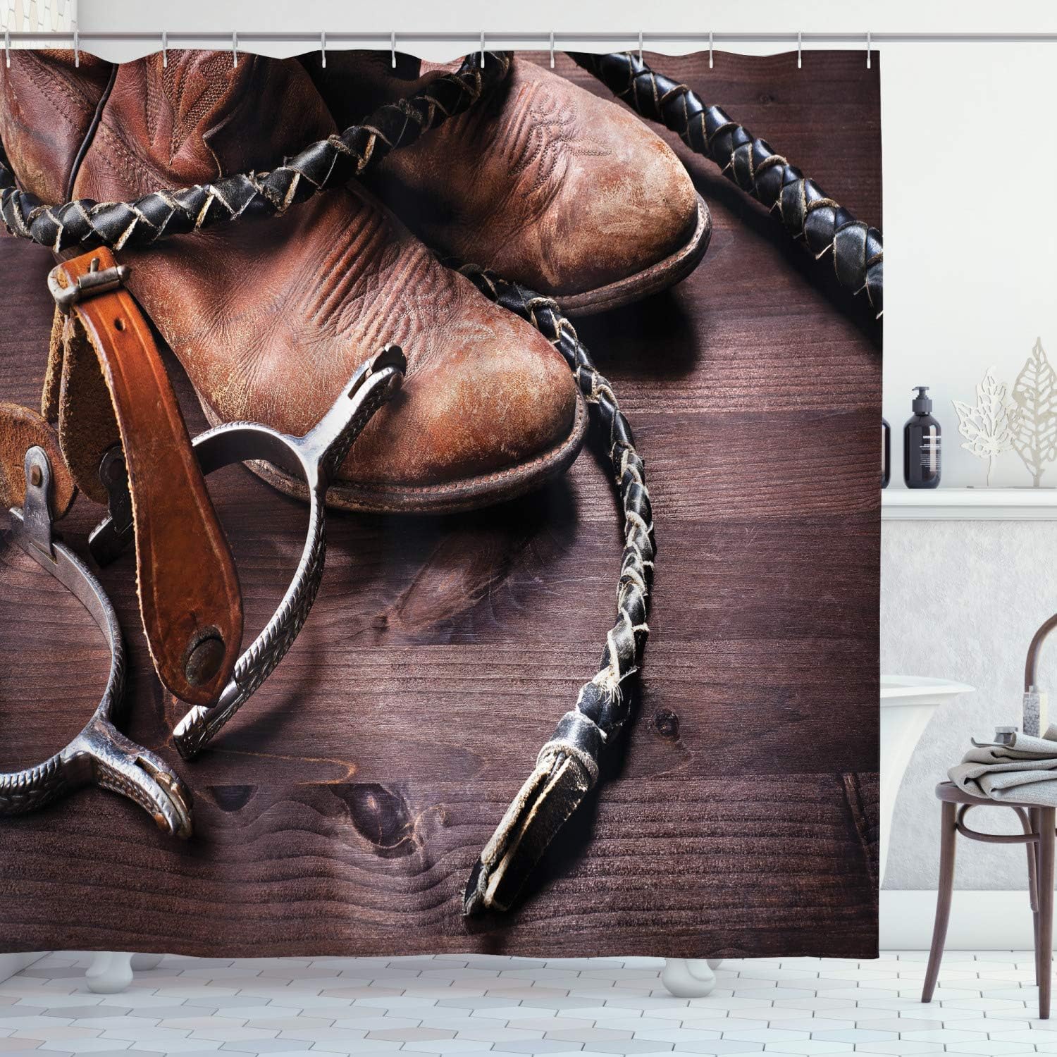 Ambesonne Western Shower Curtain, Old Leather Boots and Spurs Rustic Rodeo Equipment USA Style Art Picture Print, Cloth Fabric Bathroom Decor Set with Hooks, 69" W x 75" L, Taupe Brown