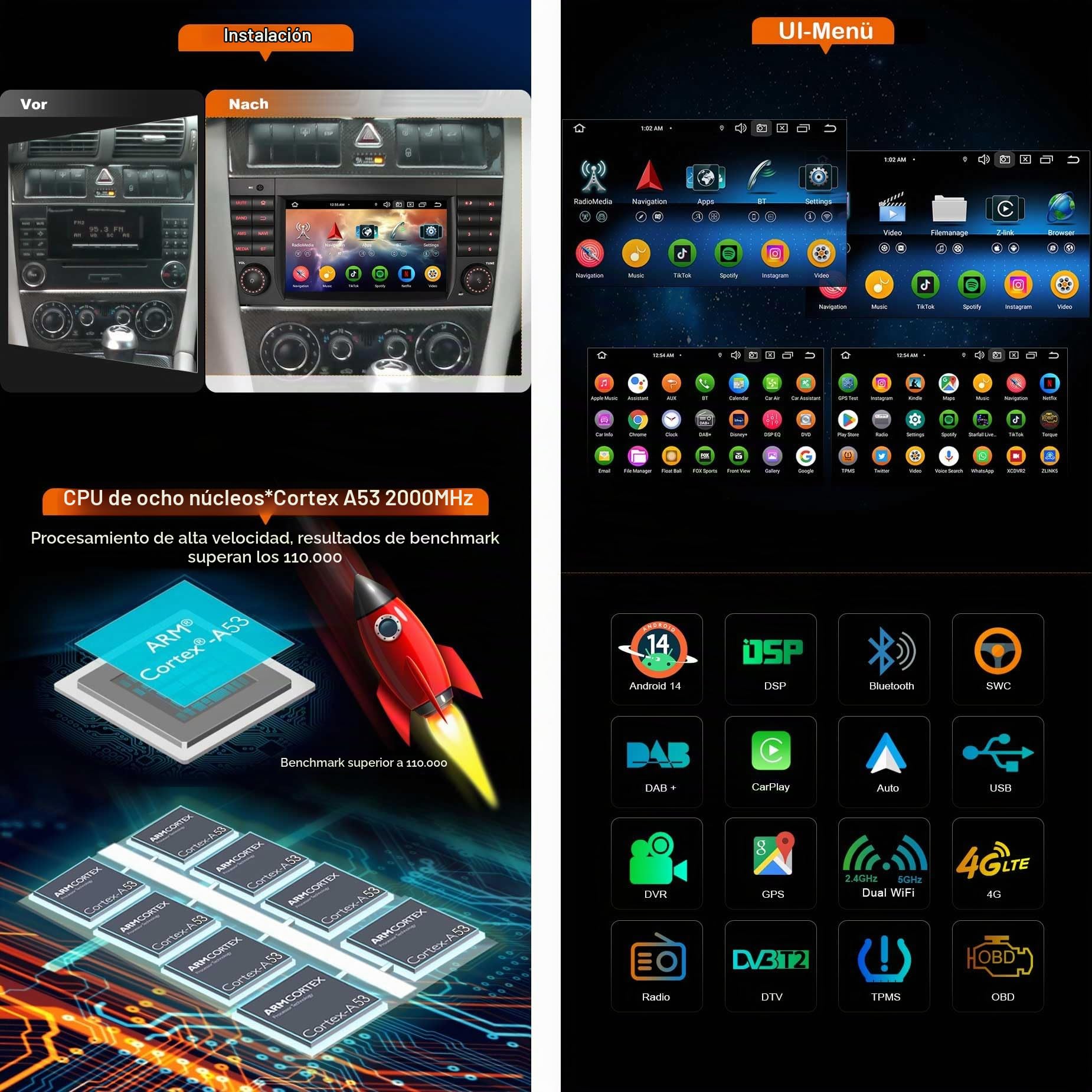 Erisin 8-Core Android 16 4GB+64GB GPS Navegación Estéreo de Automóvil para Mercedes Benz Clase C W203 Clase CLC W203 C180 Clase G W463 Wireless CarPlay Android Auto Bluetooth 5.0 WiFi DSP Dab+ CANBUS