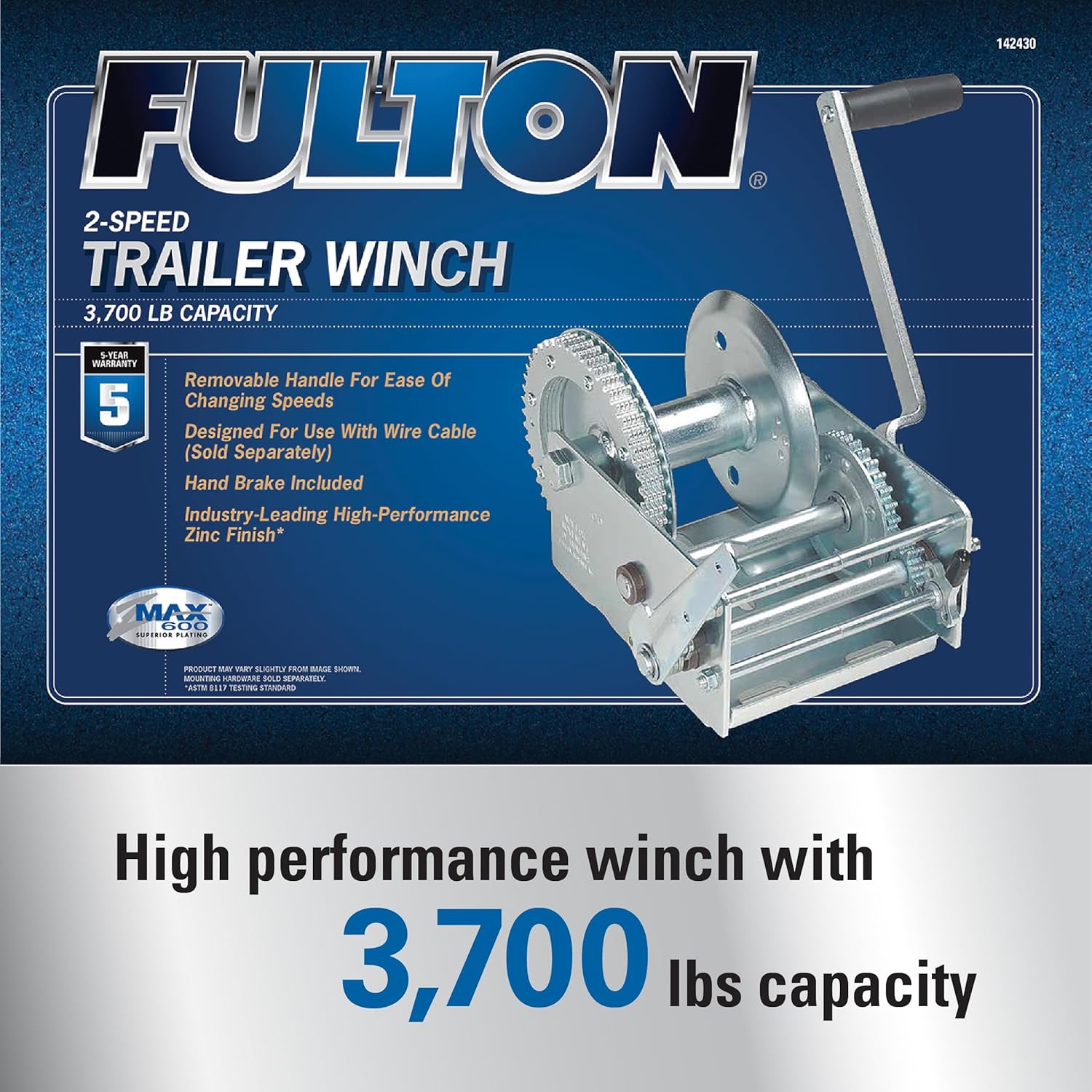 Fulton 142430 Trailer Winch, Two-Speed, 3,700 lbs. Capacity, No Strap, Two-Speed Hand Crank Winch, High-Performance Zinc Finish