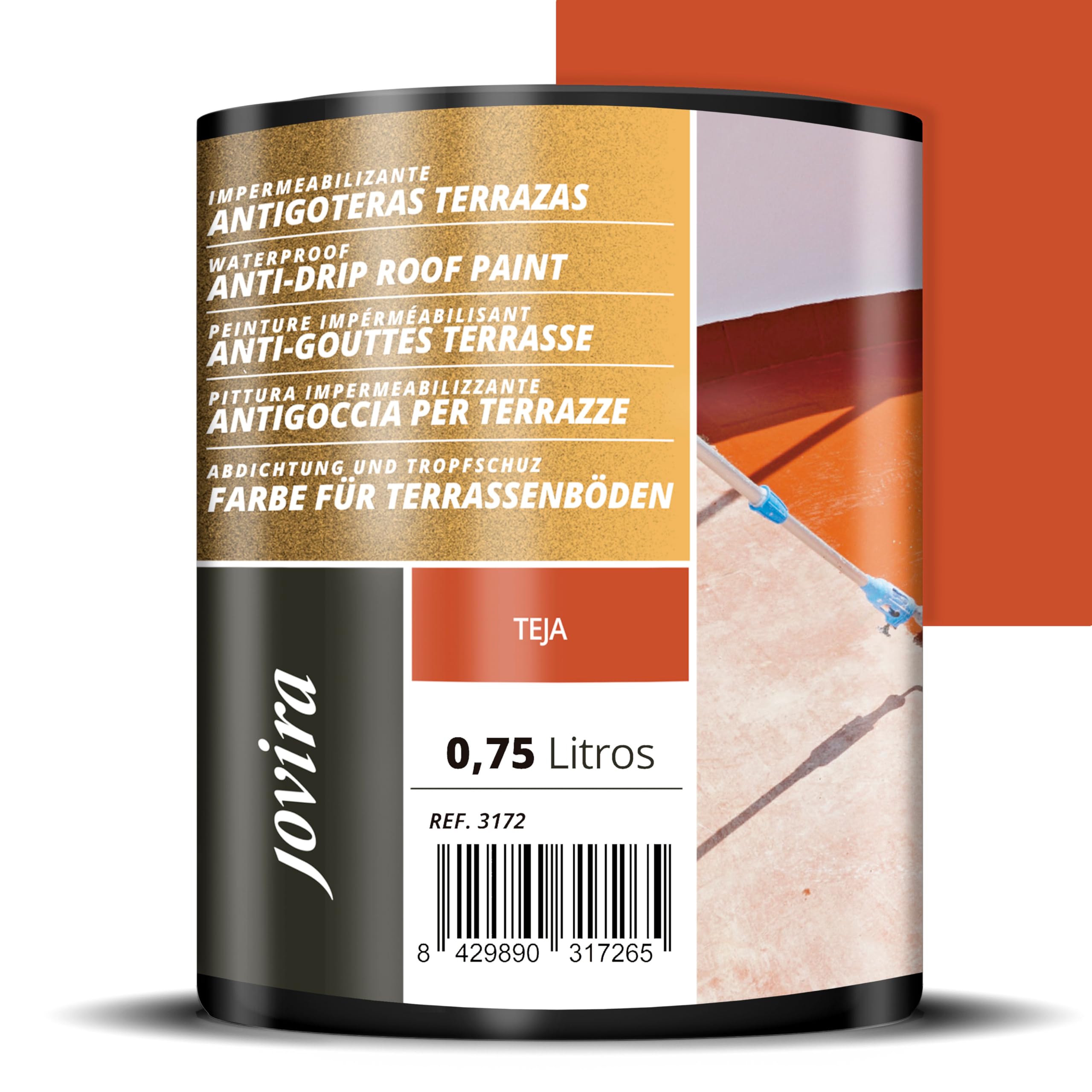 JOVIRA PINTURAS Impermeabilizante Antigoteras, Terraza Antigoteras Caucho Elástica, pintura de terrazas, evita filtraciones en todo tipo de cubiertas y terrazas. (750 Mililitros, Teja) H-25A