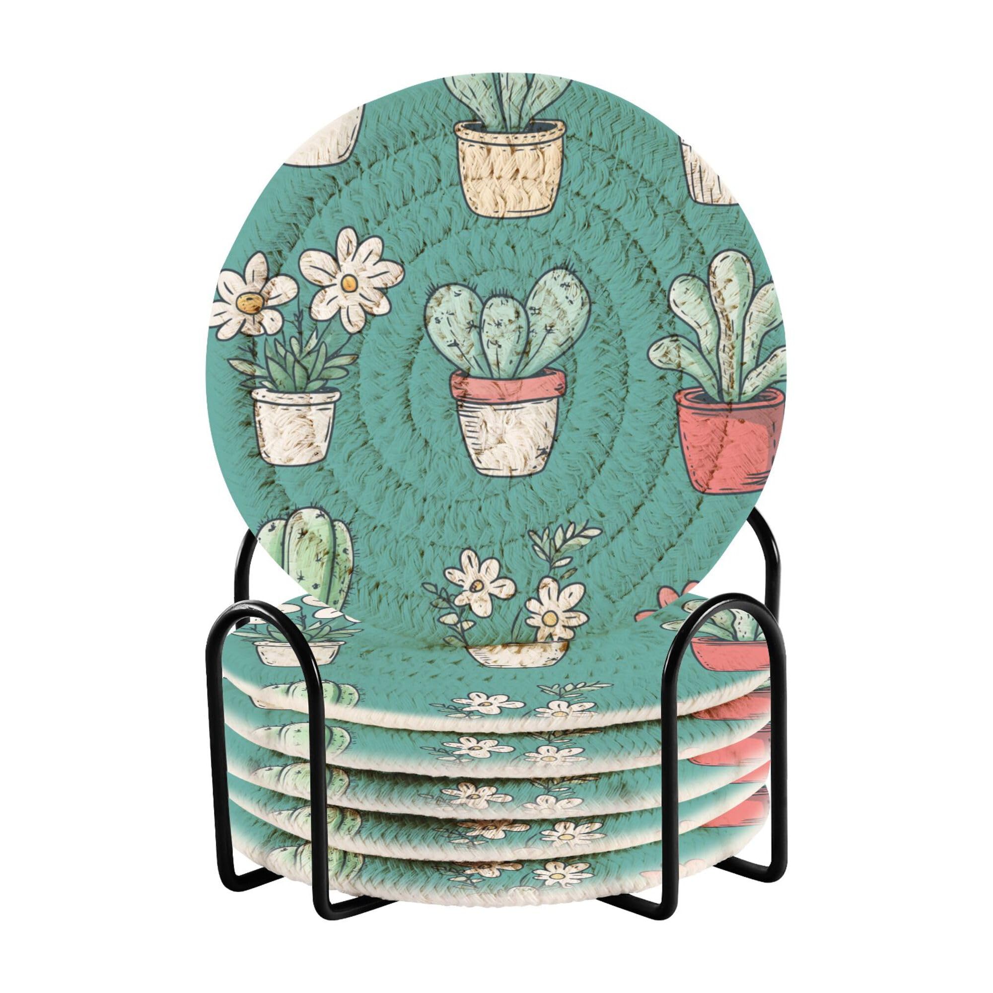 Smazdfxx Women's As Pic Small Flowers Small Foliage Cotton Rope Coasters And Holder Set Of 6 Cotton Coasters Home Decor