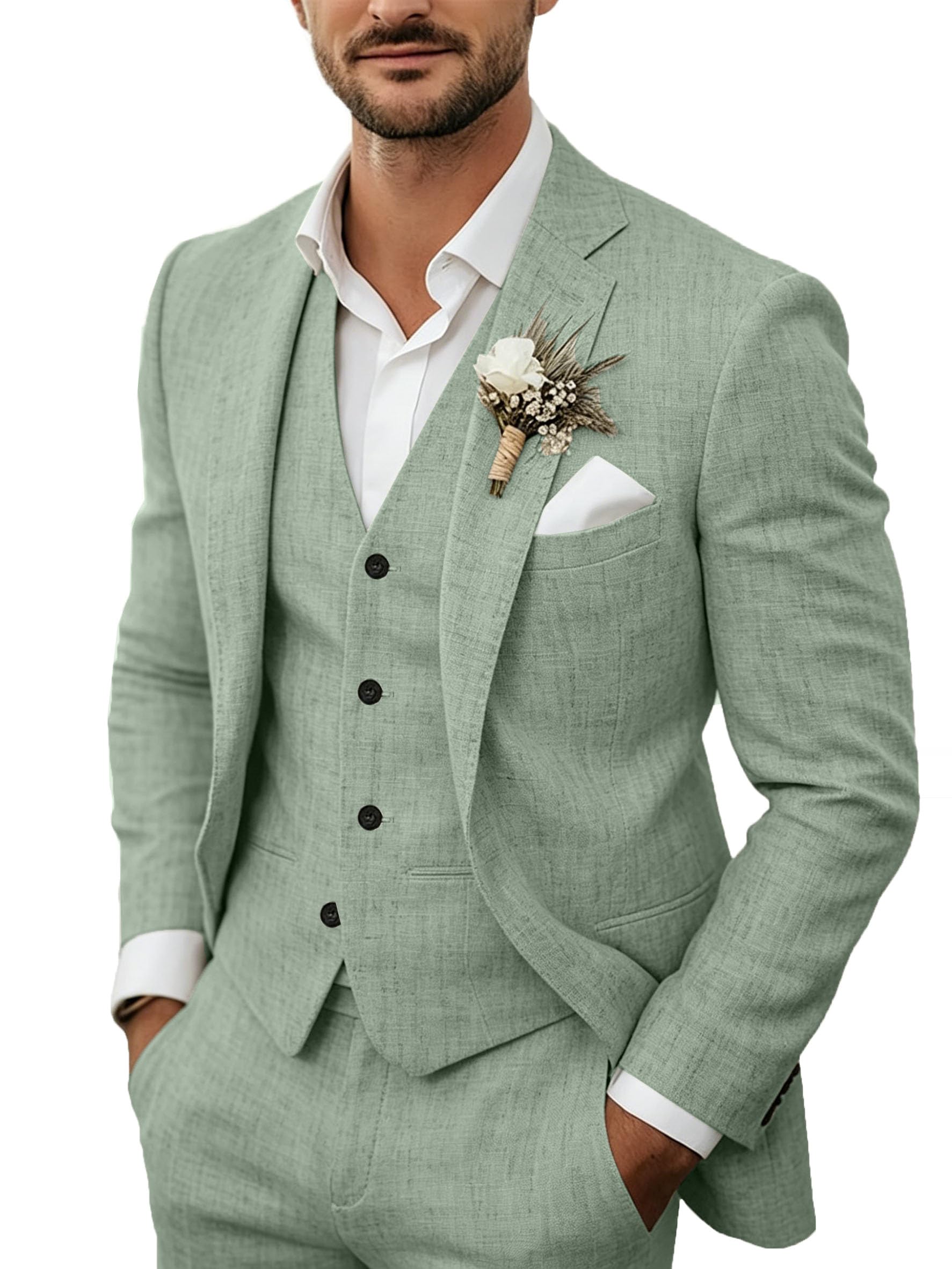Completo da uomo in lino leggero da 3 pezzi, composto da giacca, gilet, pantaloni, stile casual, completo per matrimonio, lavoro, ballo di fine anno